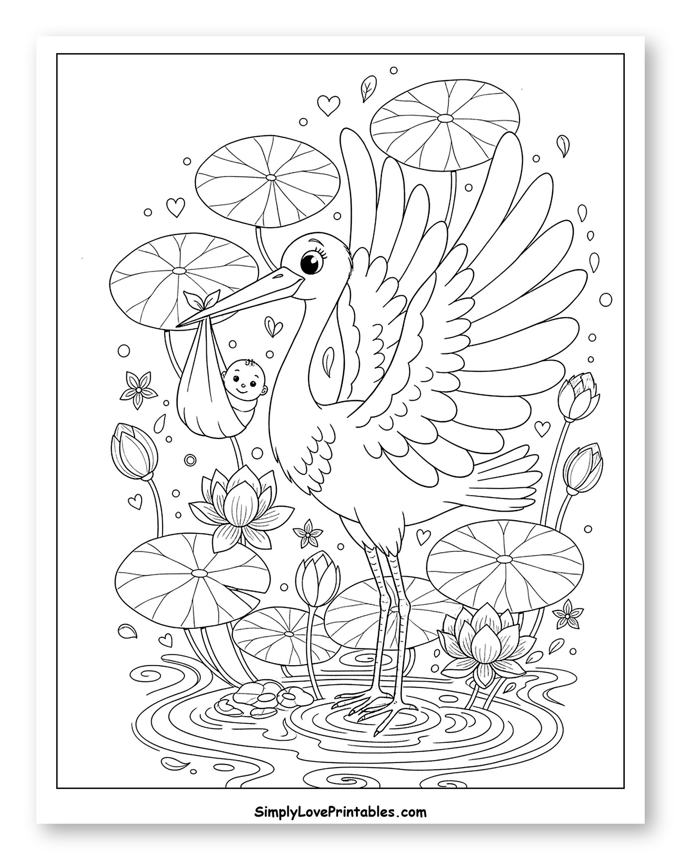 Happy Stork Delivering Baby Among Lotus Flowers Coloring Sheet for Adults