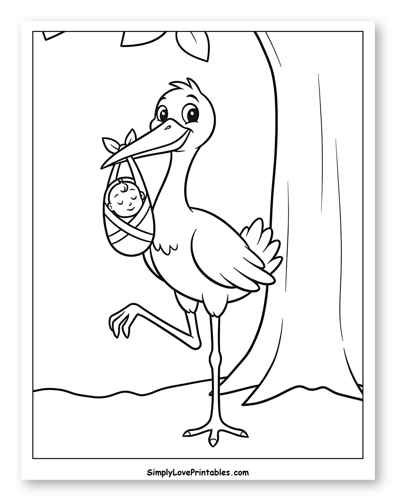 Happy Stork Delivering Baby Under Tree Coloring Page for Toddlers