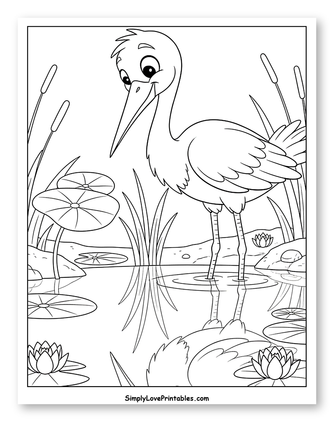 Happy Stork in a Pond with Lily Pads