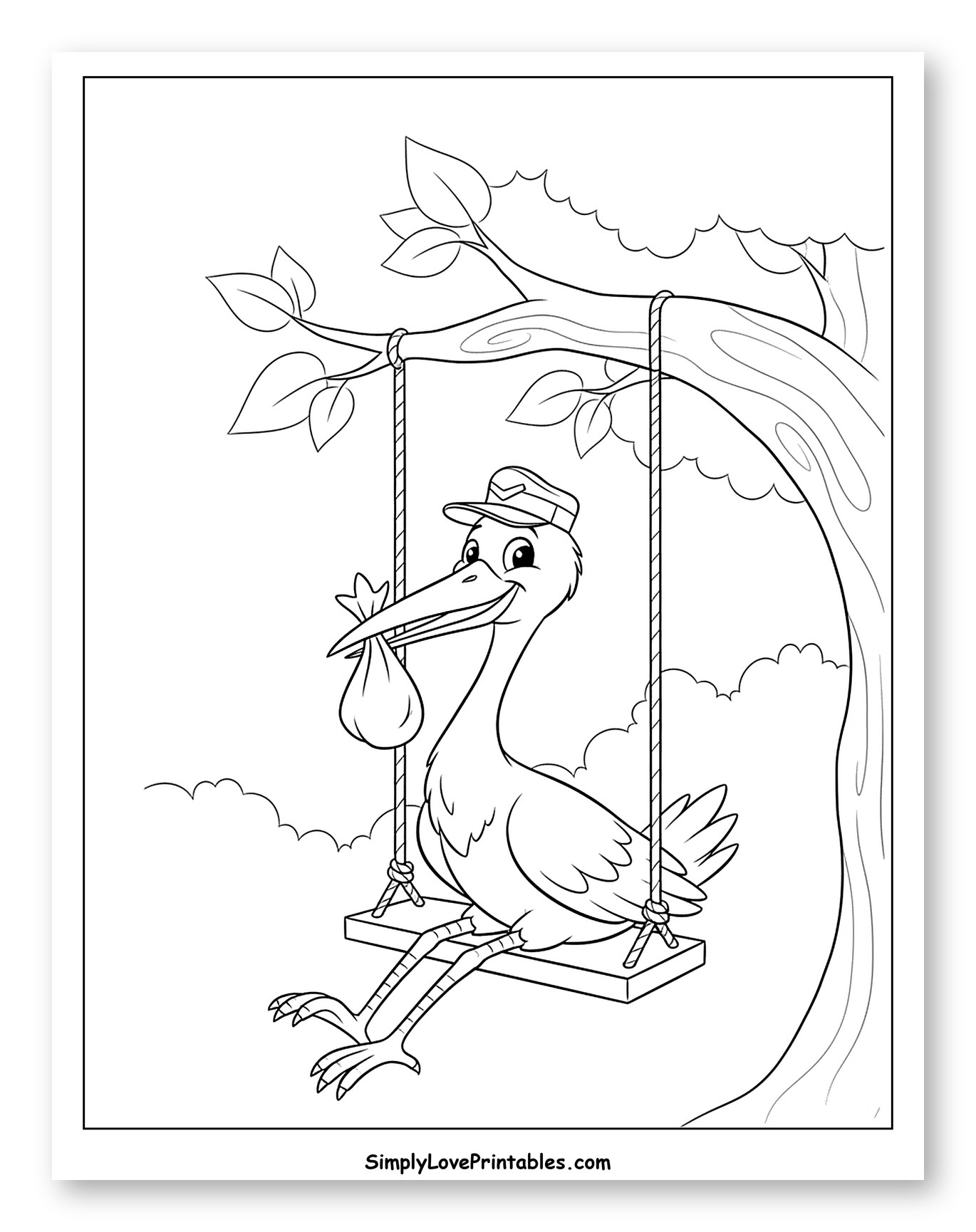 Happy Stork on a Swing with a Bundle