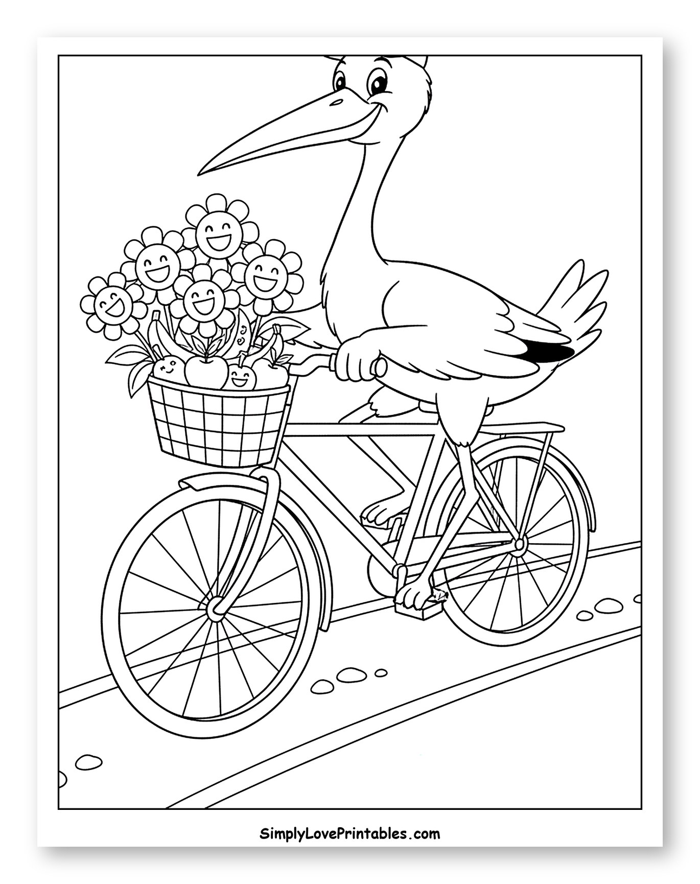 Happy Stork Riding Bike with Flowers and Fruit Coloring Sheet for Kids