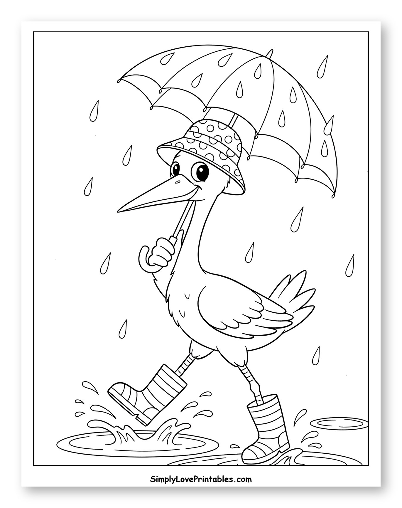 Happy Stork Splashing in Puddles with Umbrella