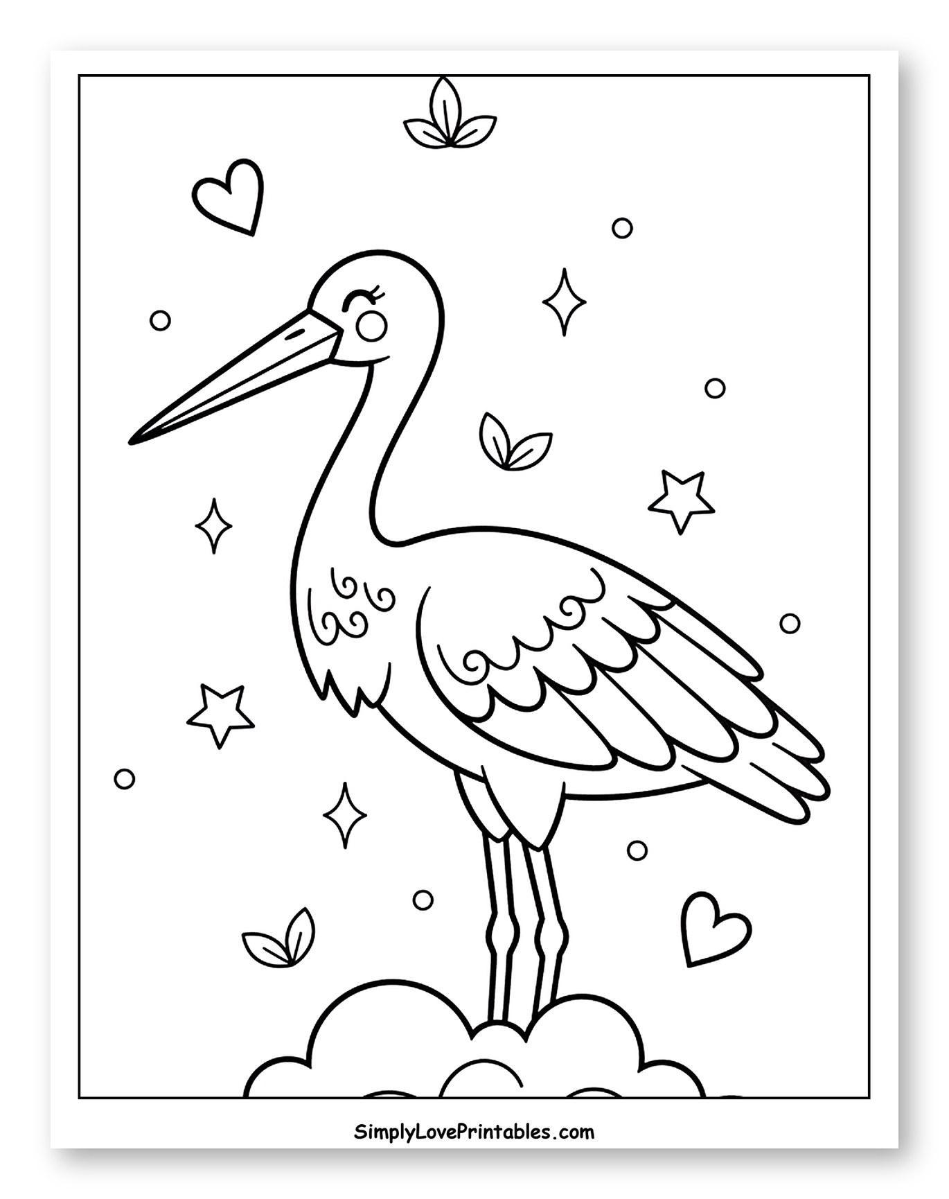 Happy Stork Standing on a Cloud Coloring Page for Adults