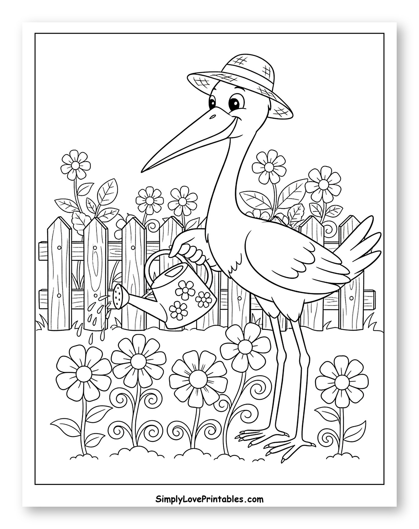 Happy Stork Watering Garden Flowers Coloring Page for Kids