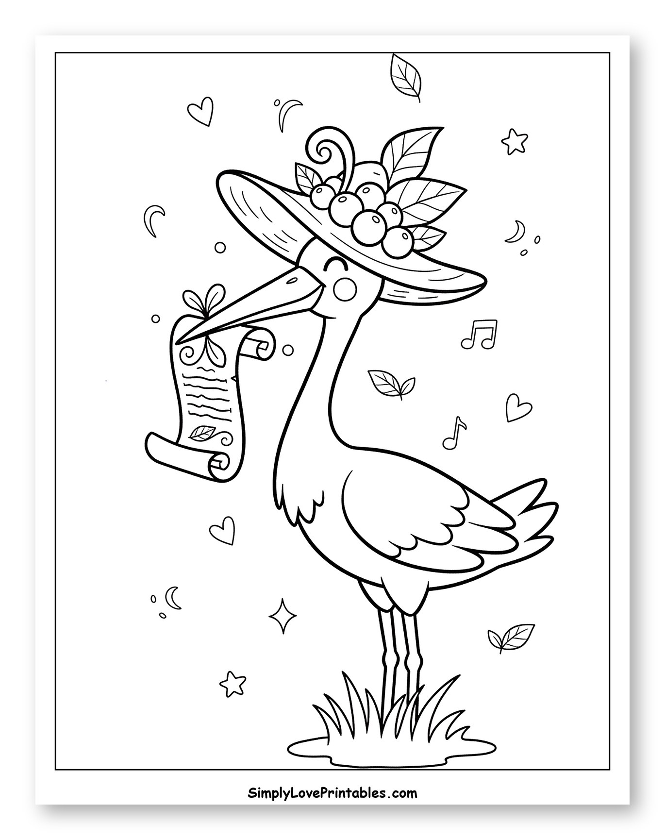 Happy Stork Wearing a Festive Berry Hat