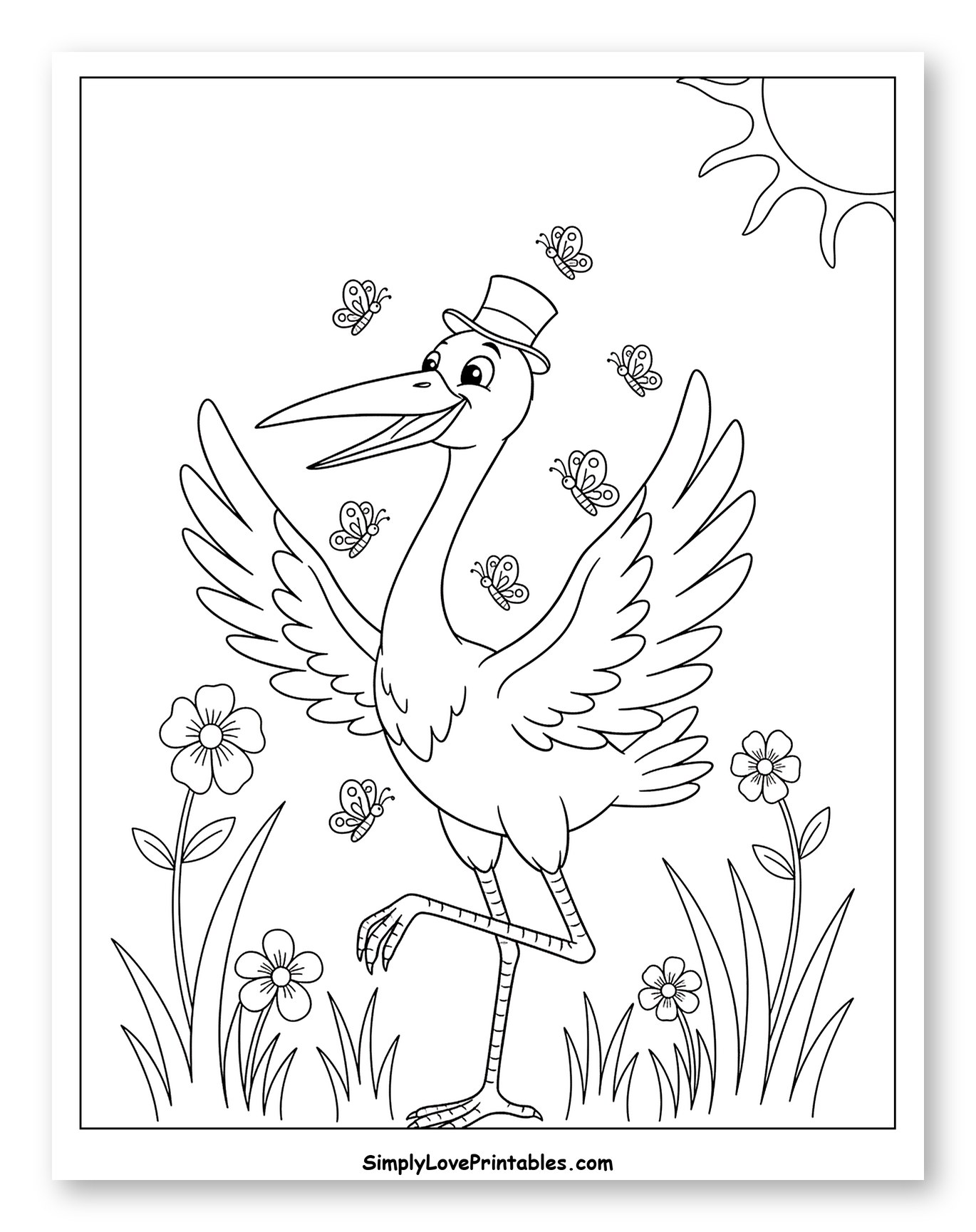 Happy Stork Wearing a Top Hat in Garden