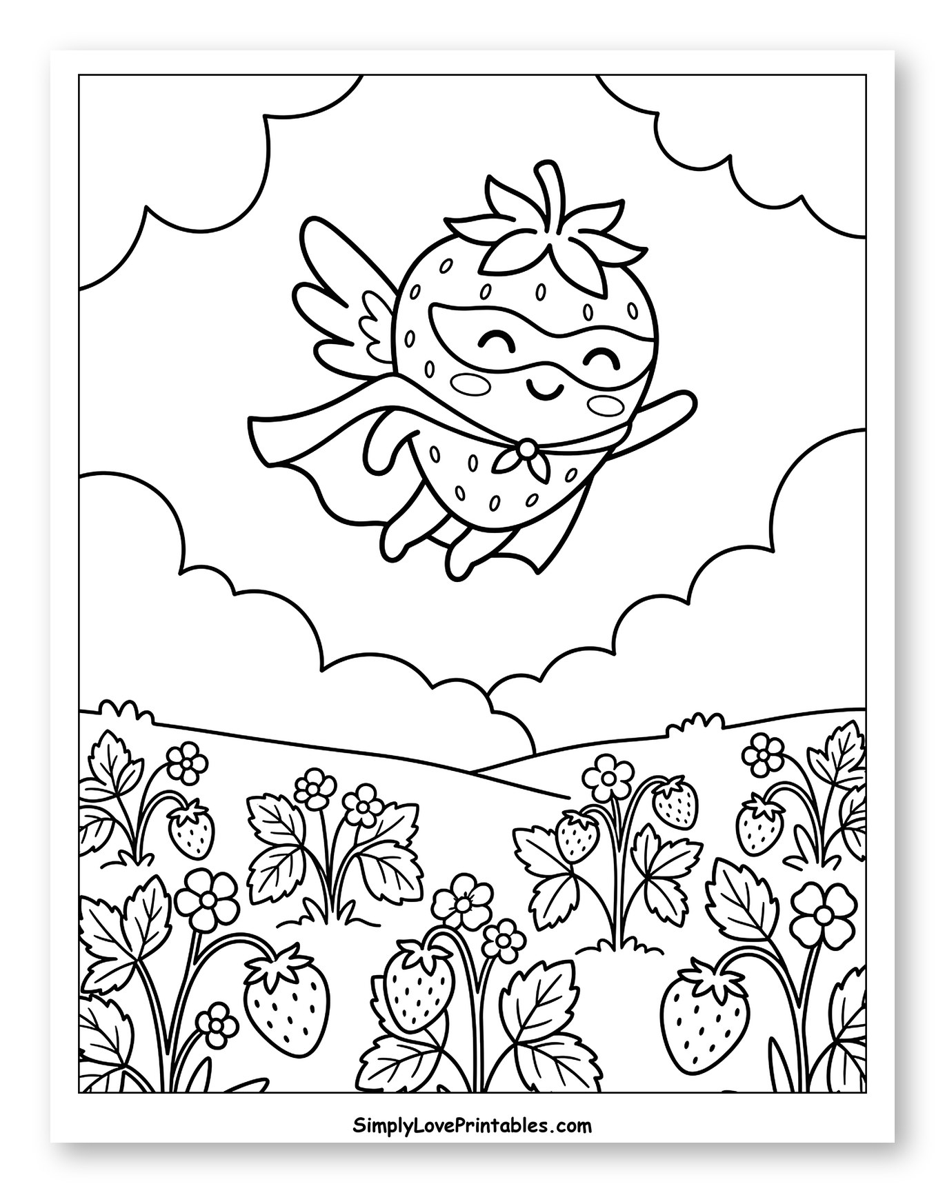 Happy Strawberry Superhero Flying Over Field Coloring Sheet for Kids
