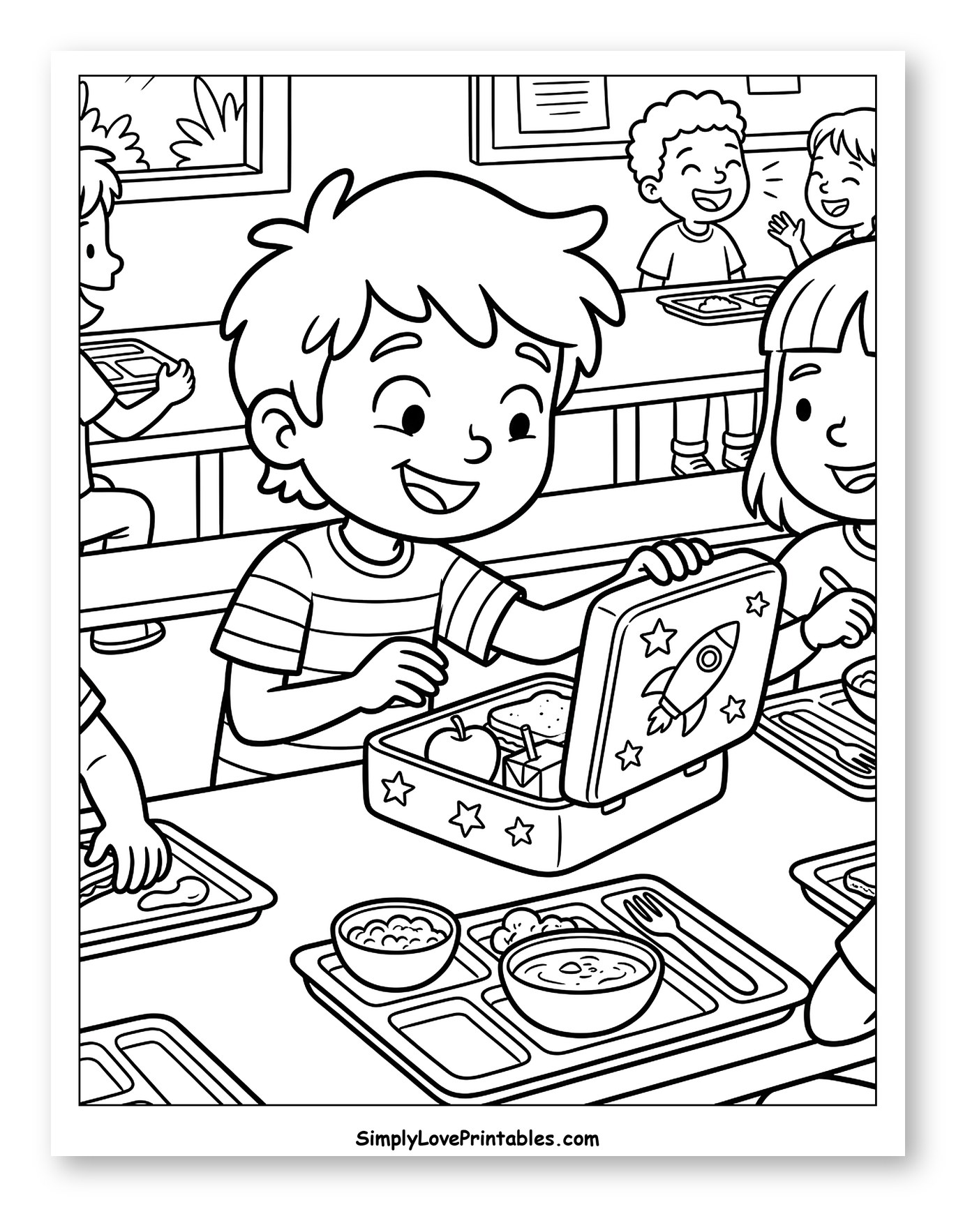 Happy Students Enjoying Lunch Break Coloring Page for Kids