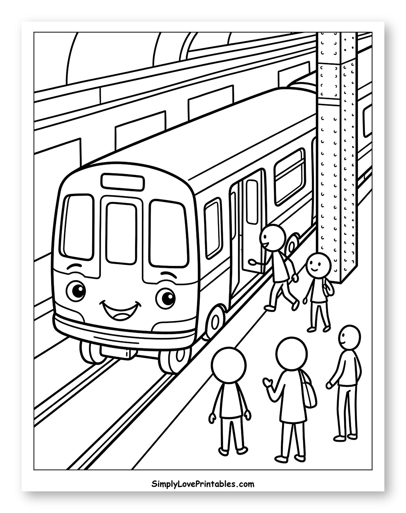 Happy Subway Train Picking Up Passengers Coloring Page for Kids