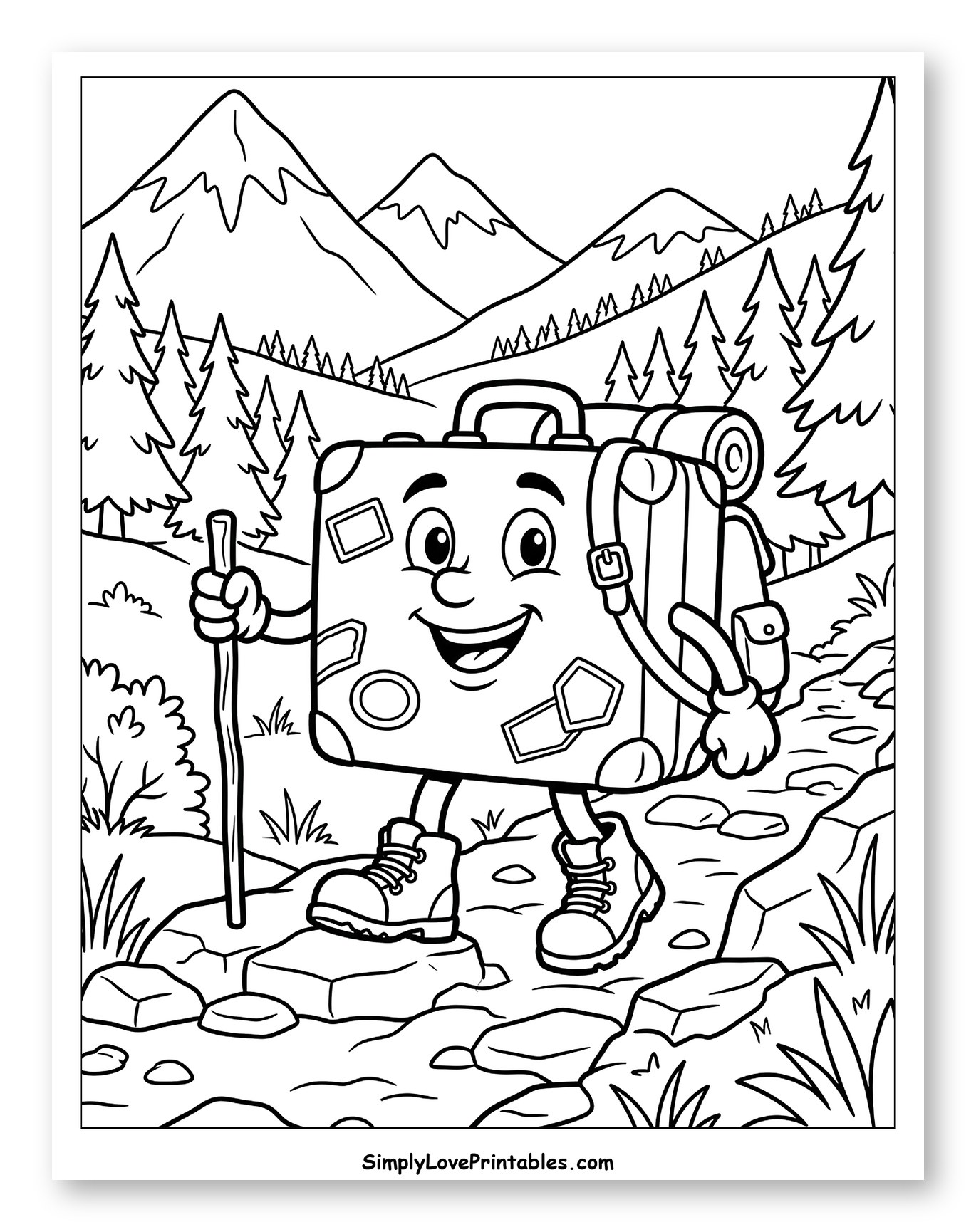 Happy Suitcase Hiking in the Mountains to Color for Kids