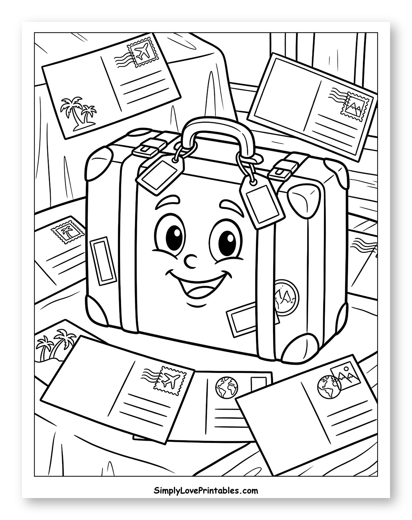 Happy Suitcase Surrounded by Travel Postcards Coloring Sheet for Kids