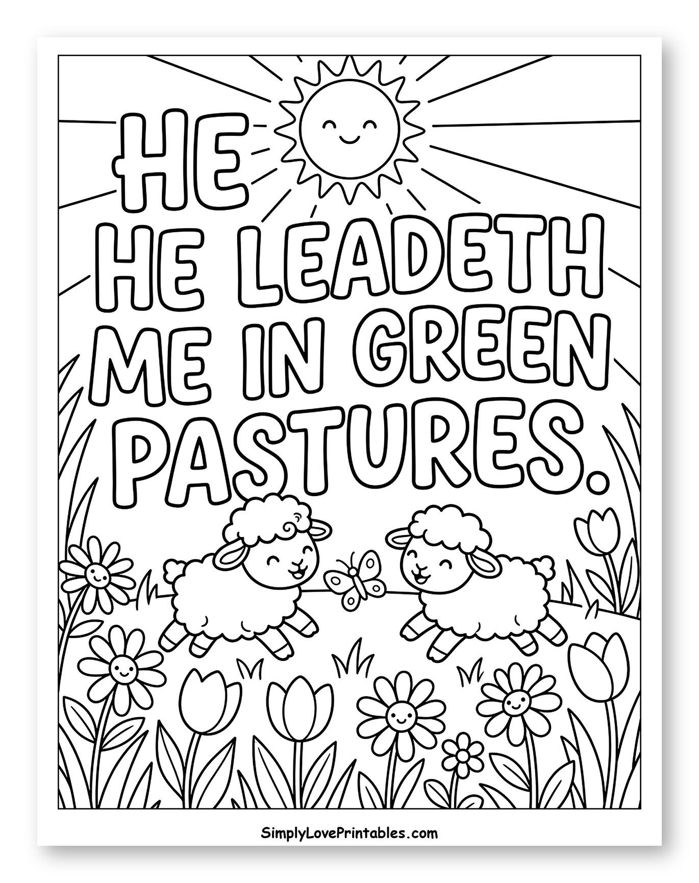 Happy Sun and Lambs in Green Pastures to Color for Kids