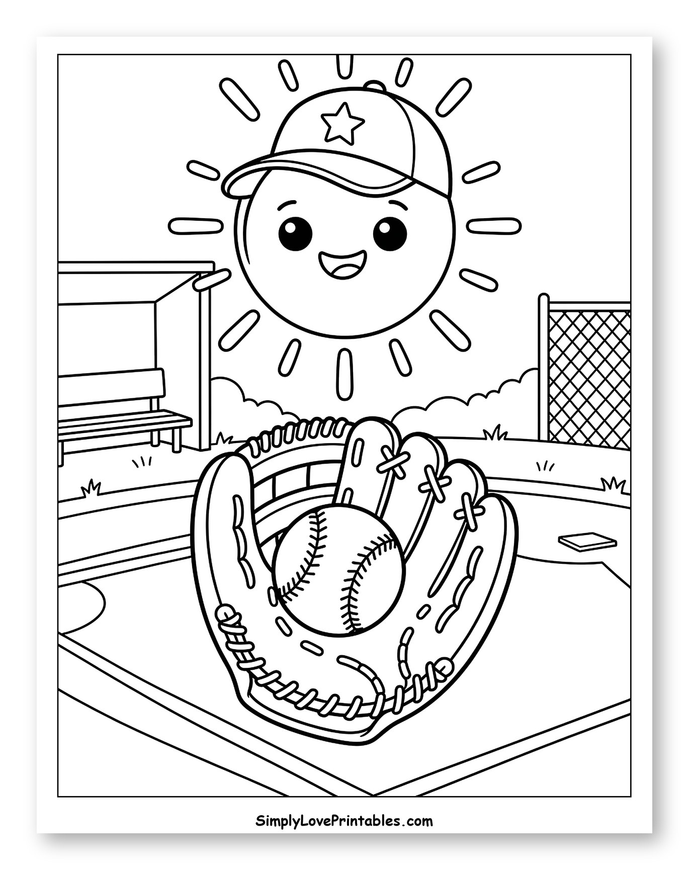 Happy Sun in Baseball Cap with Glove to Color for Kids