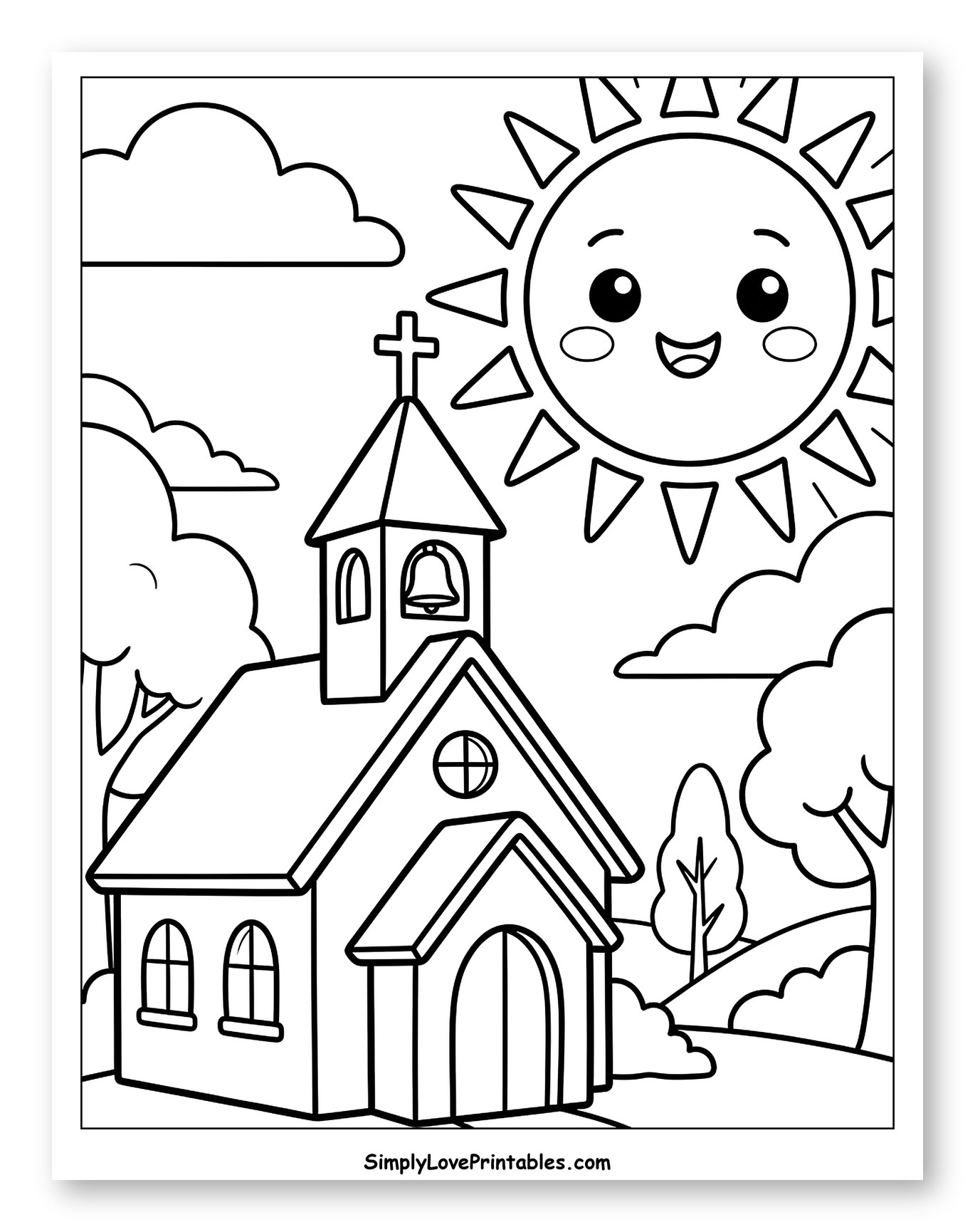 Happy Sun Over a Country Church Coloring Sheet for Kids