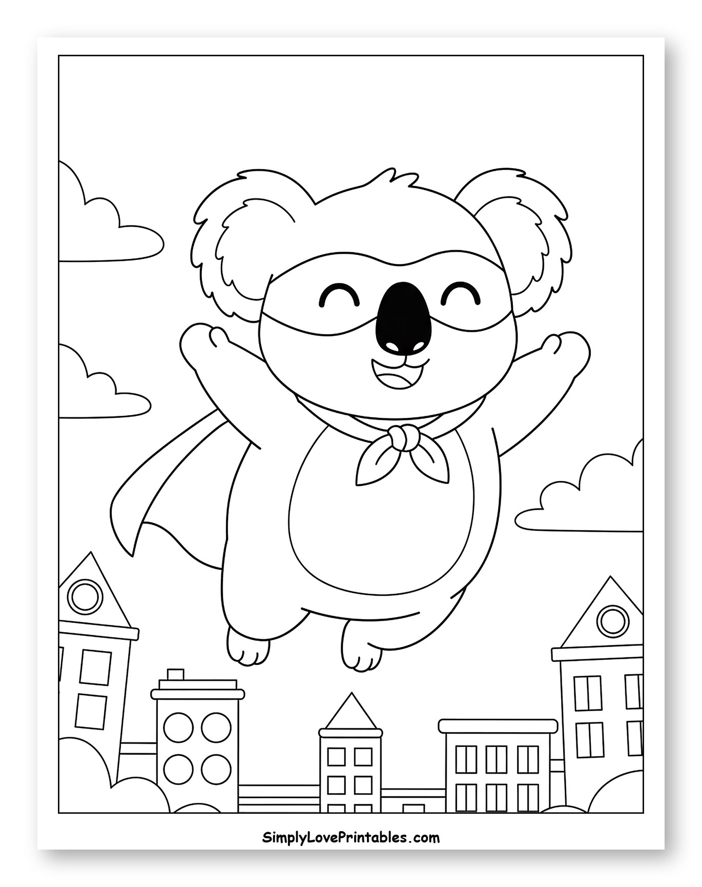 Happy Superhero Koala Flying Over City