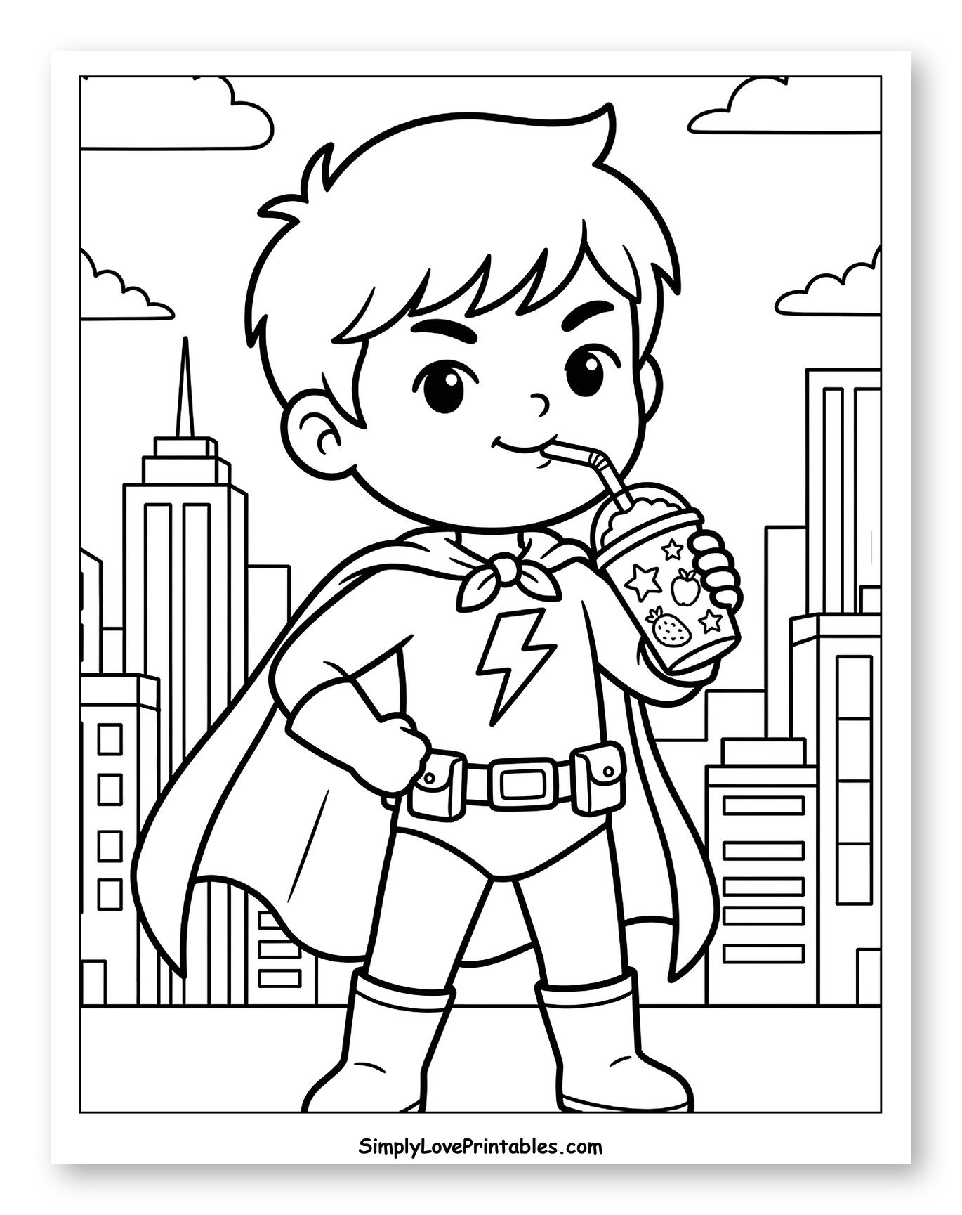 Happy Superhero Sipping Smoothie to Color for Kids