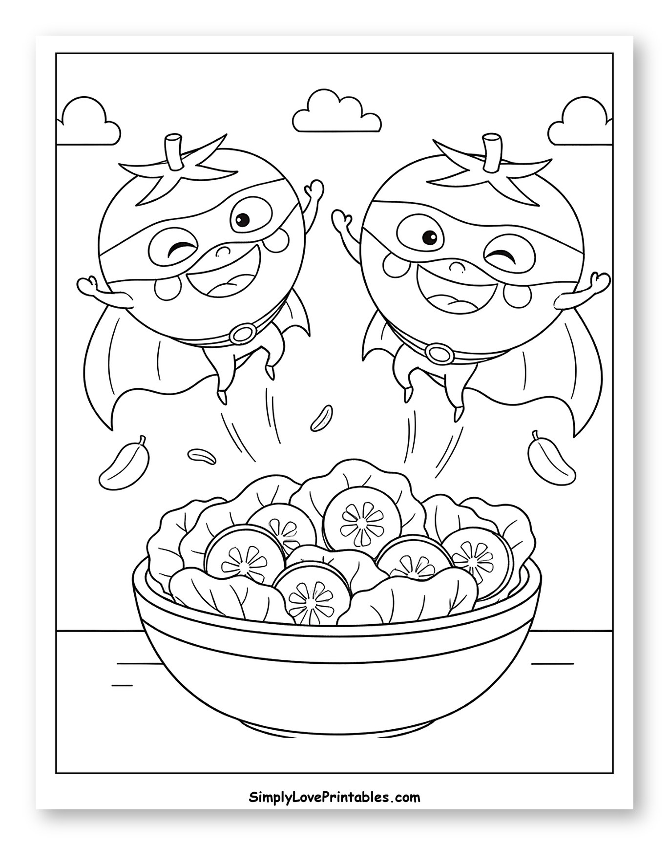 Happy Superhero Tomatoes Flying Towards Salad