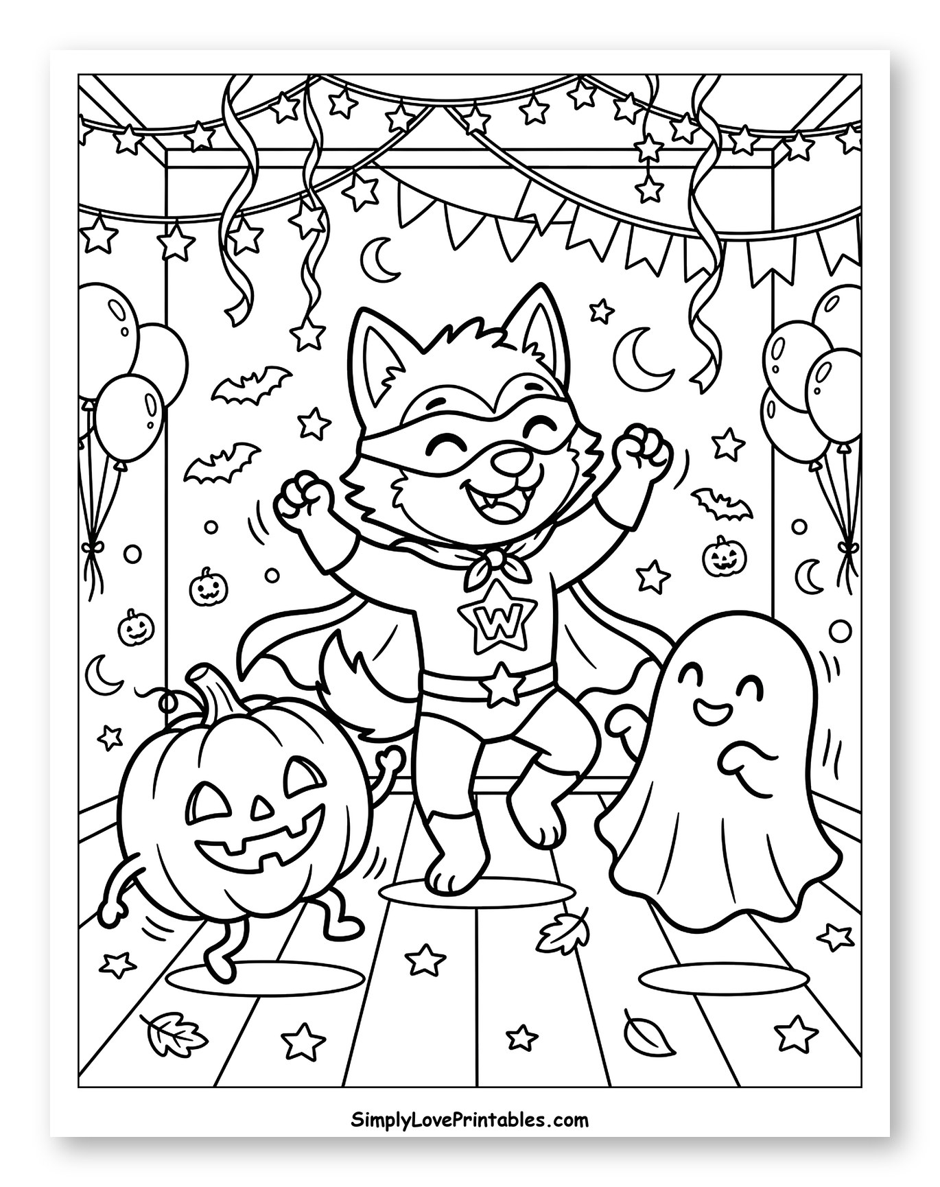 Happy Superhero Werewolf, Pumpkin, and Ghost Halloween Party Coloring Page for Kids