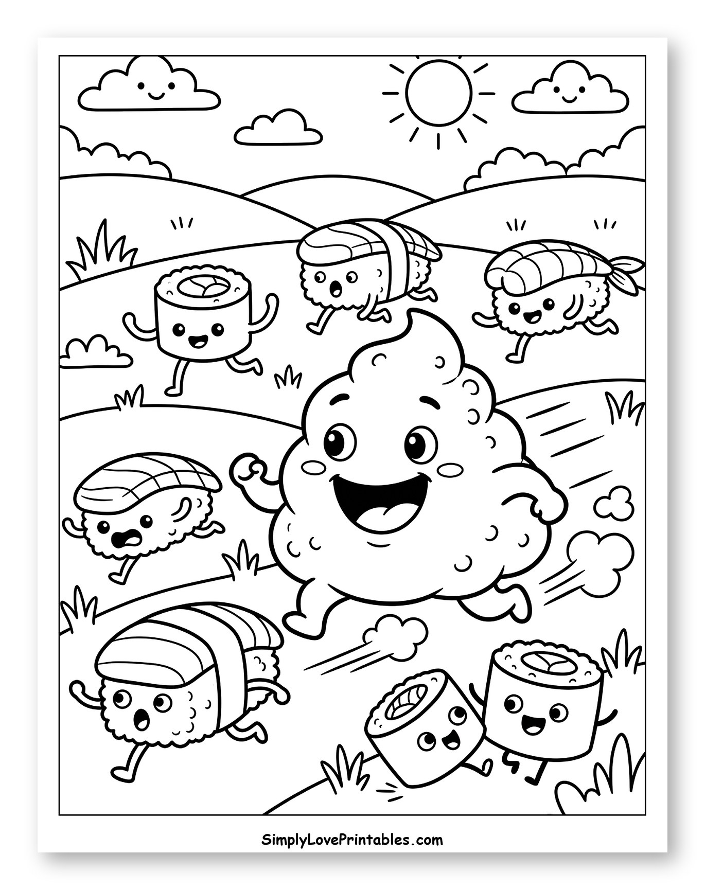 Happy Sushi Friends Racing Together Coloring Sheet for Kids