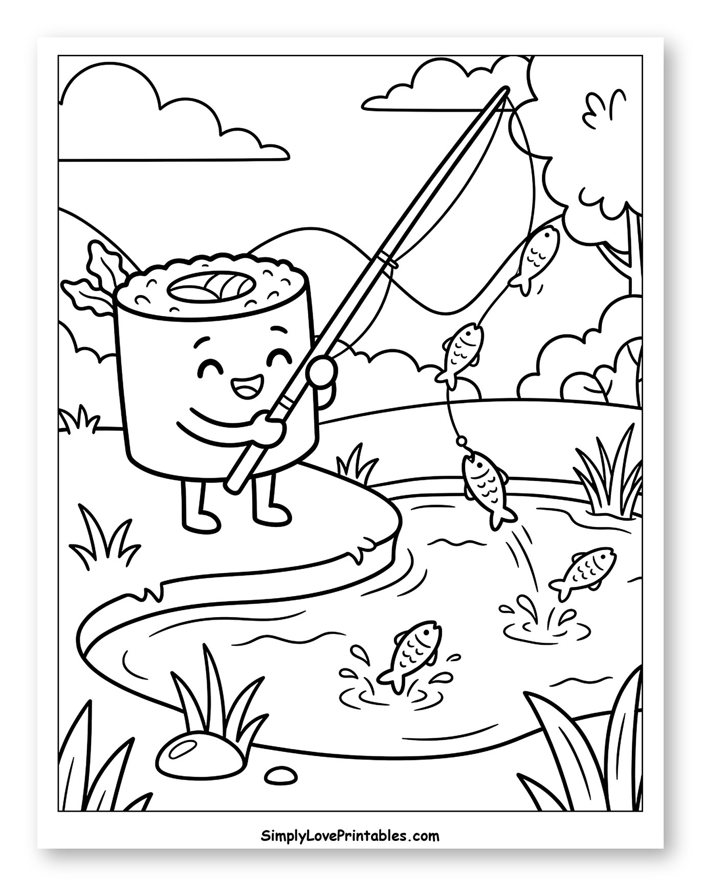 Happy Sushi Roll Fishing by a Pond Coloring Page for Kids