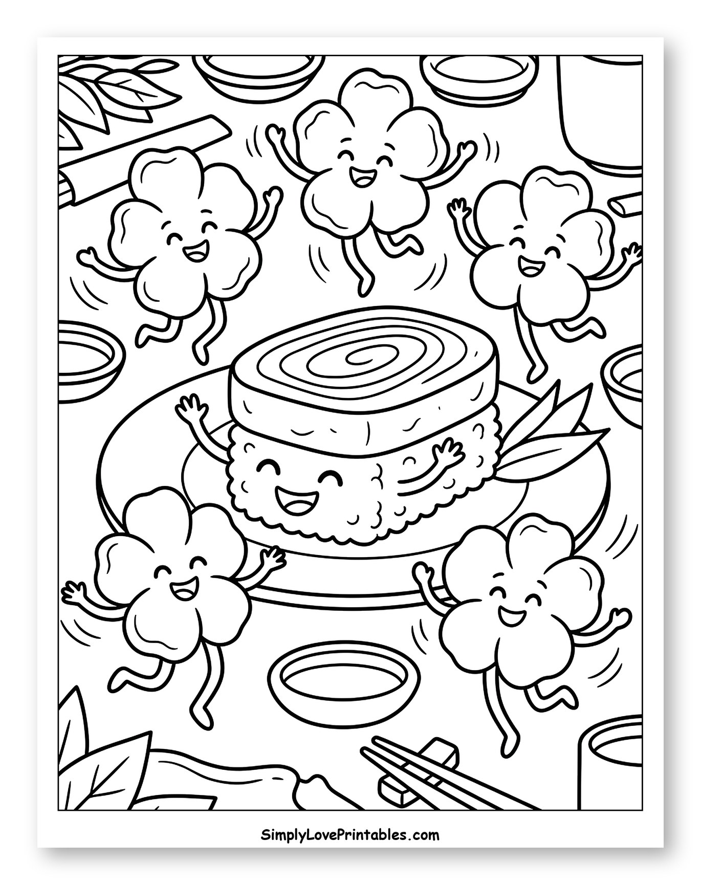 Happy Sushi Roll with Dancing Clovers to Color for Kids