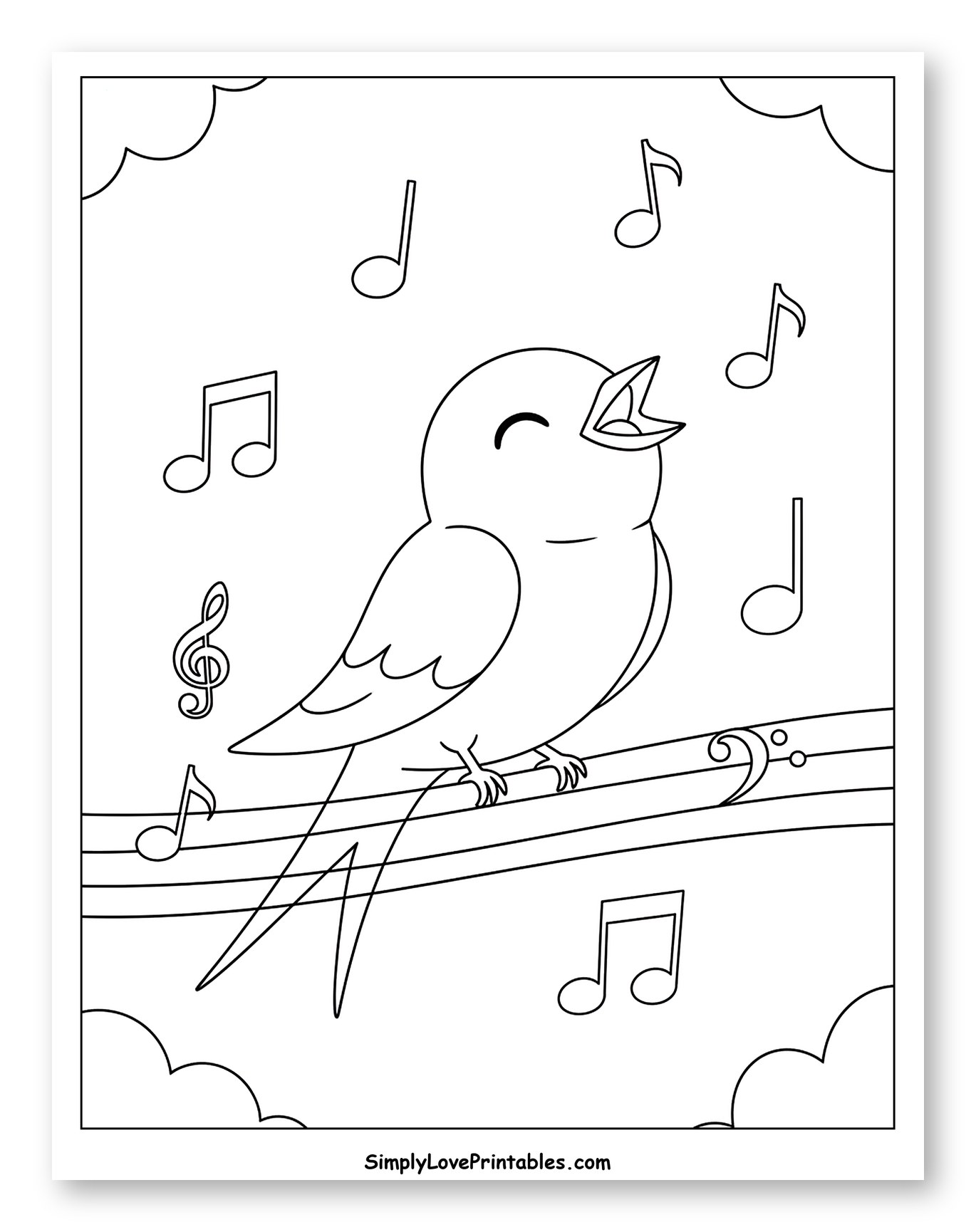 Happy Swallow Singing on a Staff with Music Notes