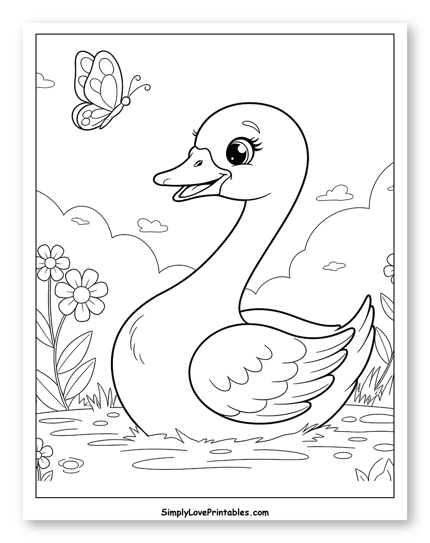 Happy Swan Swimming with a Butterfly