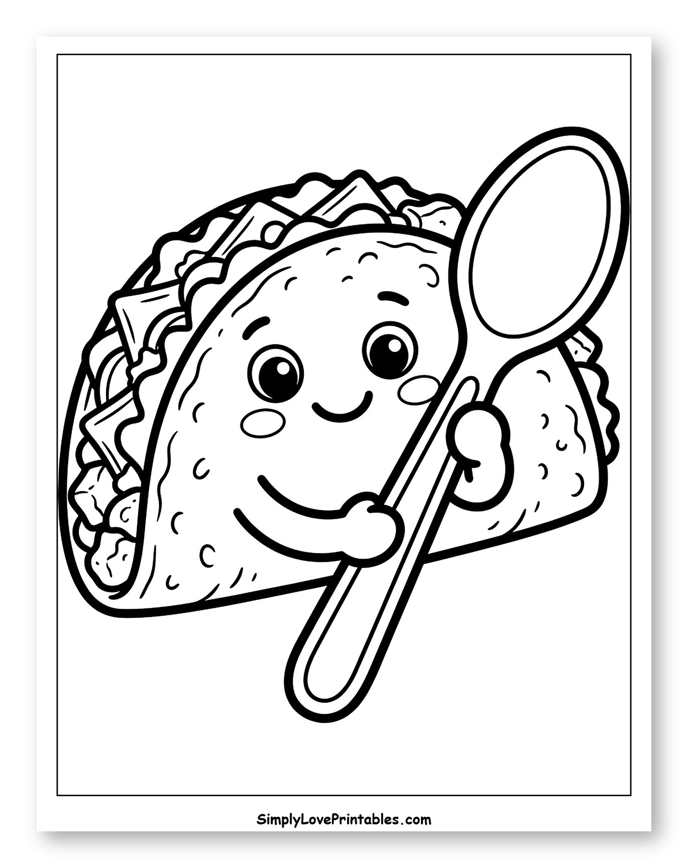 Happy Taco Character Holding a Spoon Coloring Page for Toddlers