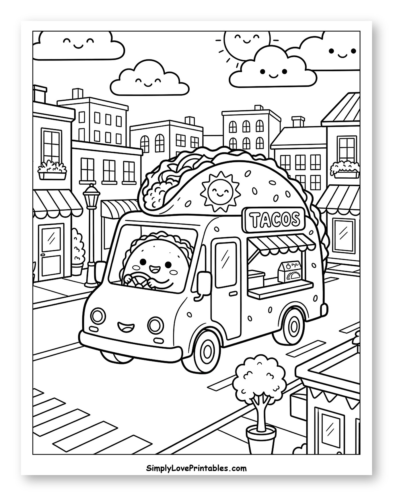 Happy Taco Food Truck Driving in a Sunny City