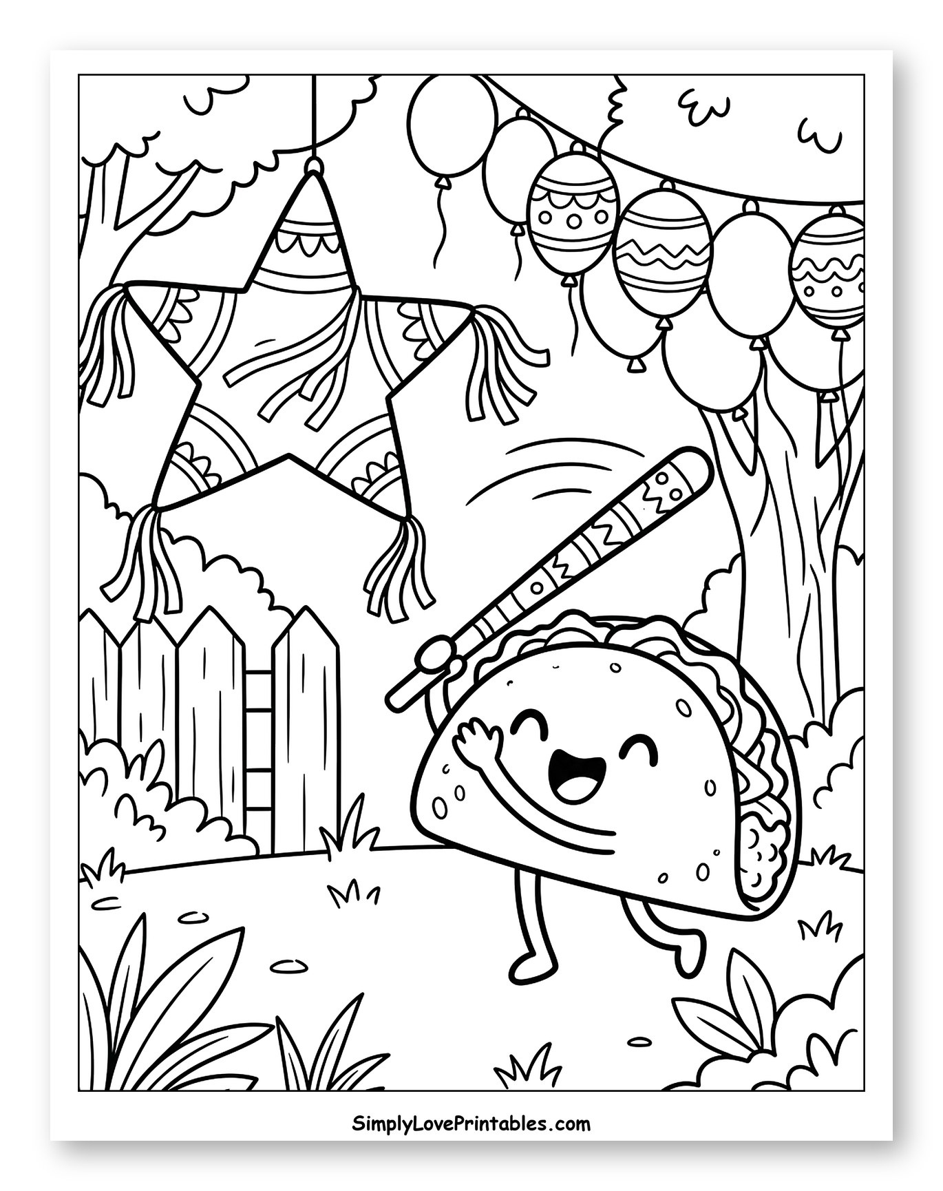 Happy Taco Hitting a Star Piñata Coloring Page for Kids