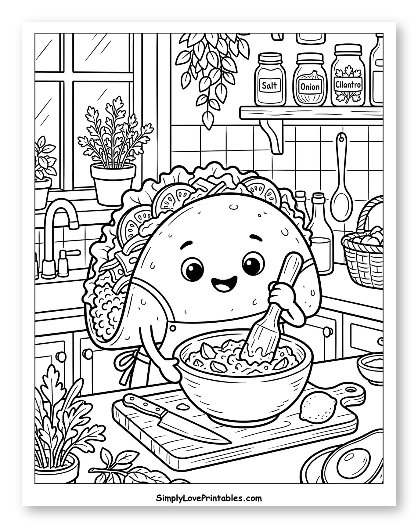 Happy Taco Making Guacamole Coloring Page for Kids