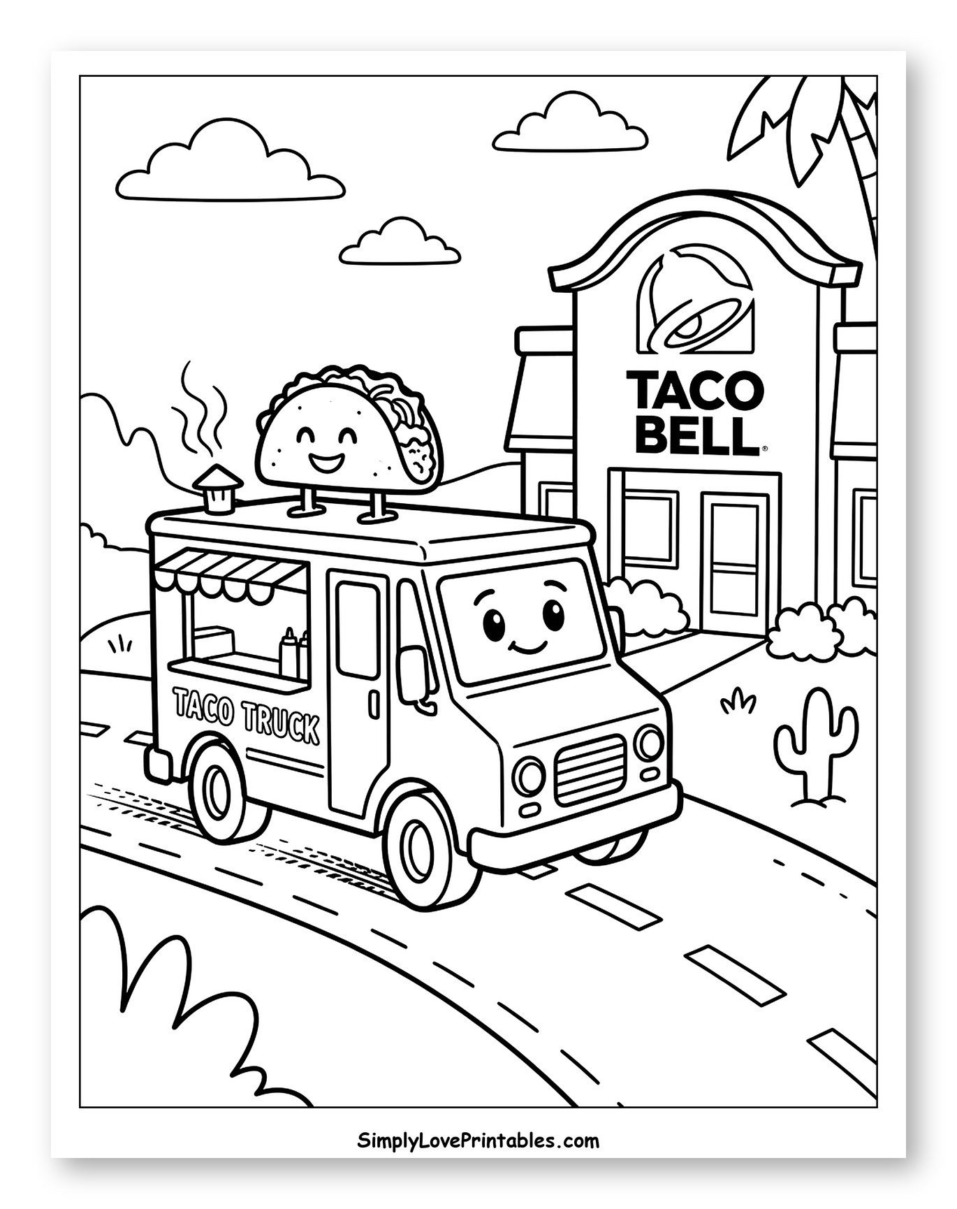 Happy Taco Truck Drives to Taco Bell Coloring Sheet for Kids