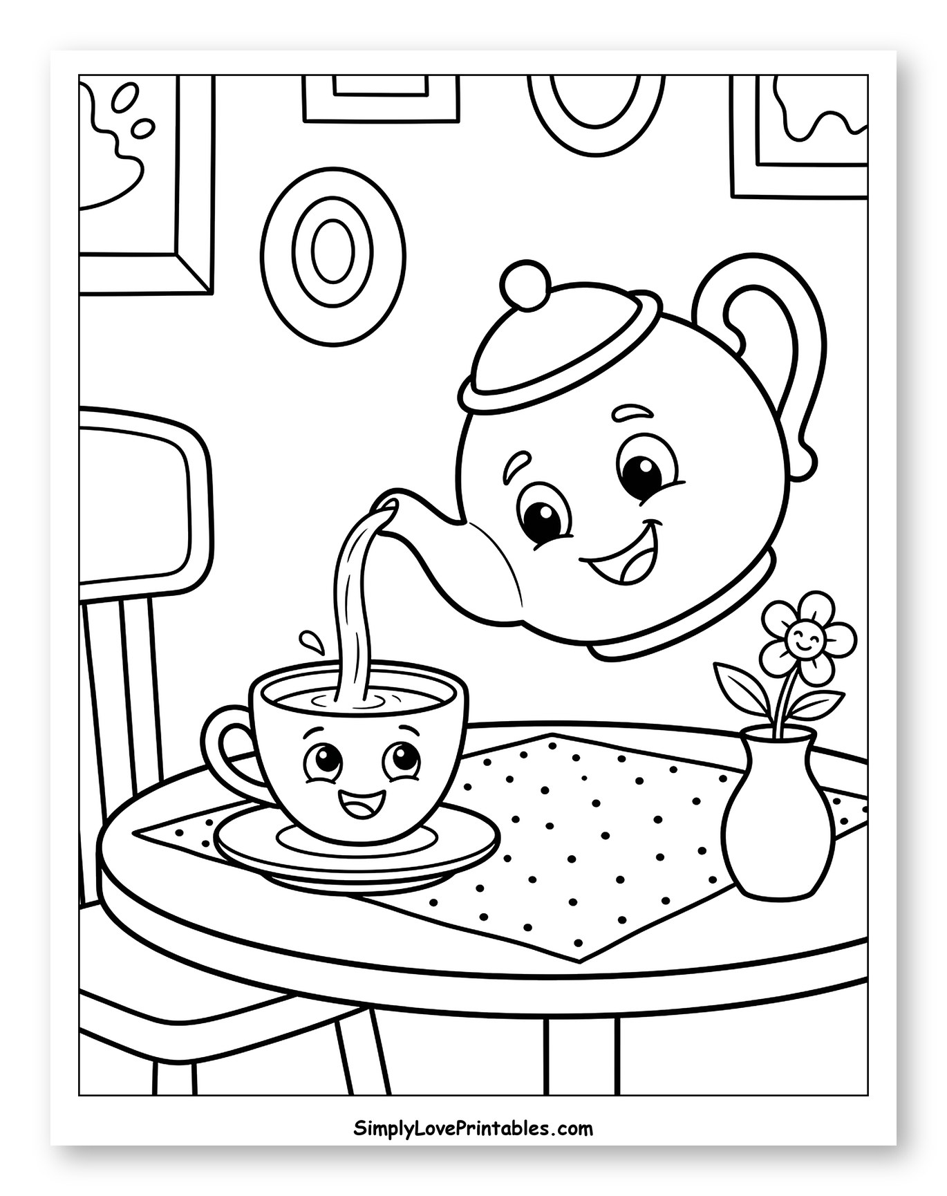 Happy Teapot Pours Tea for Smiling Teacup to Color for Kids