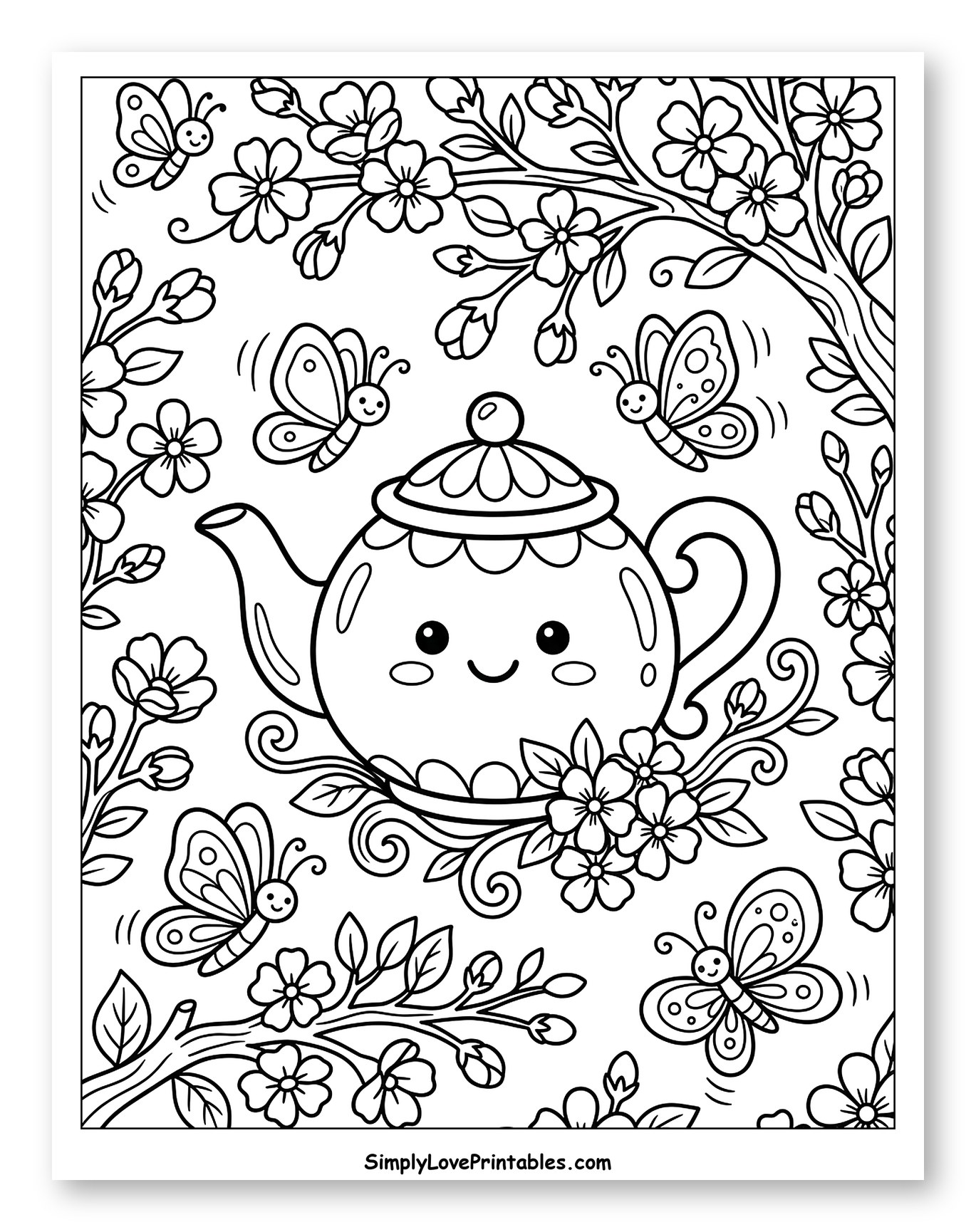 Happy Teapot Surrounded by Spring Blossoms and Butterflies
