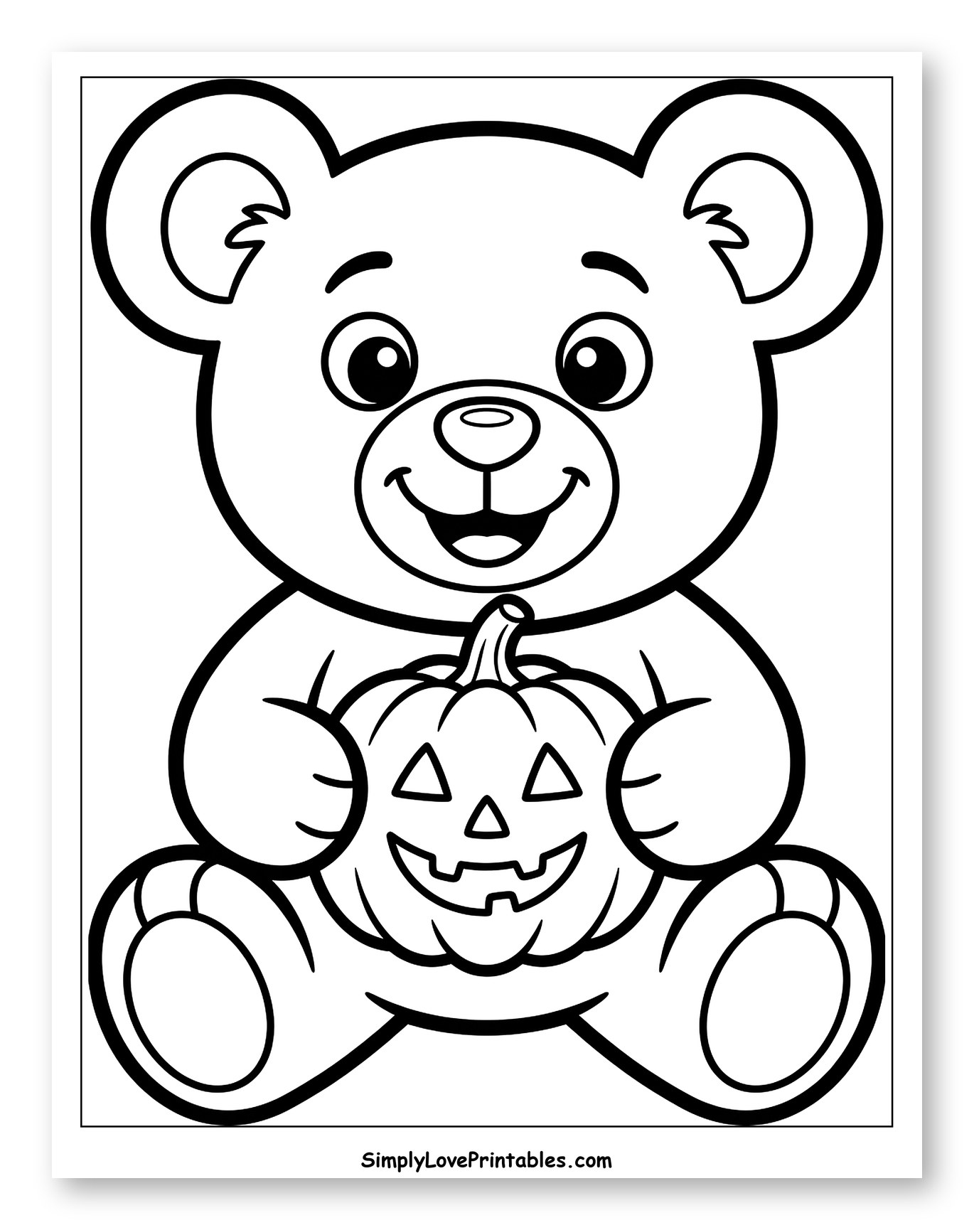 Happy Teddy Bear Holding Halloween Pumpkin to Color for Toddlers
