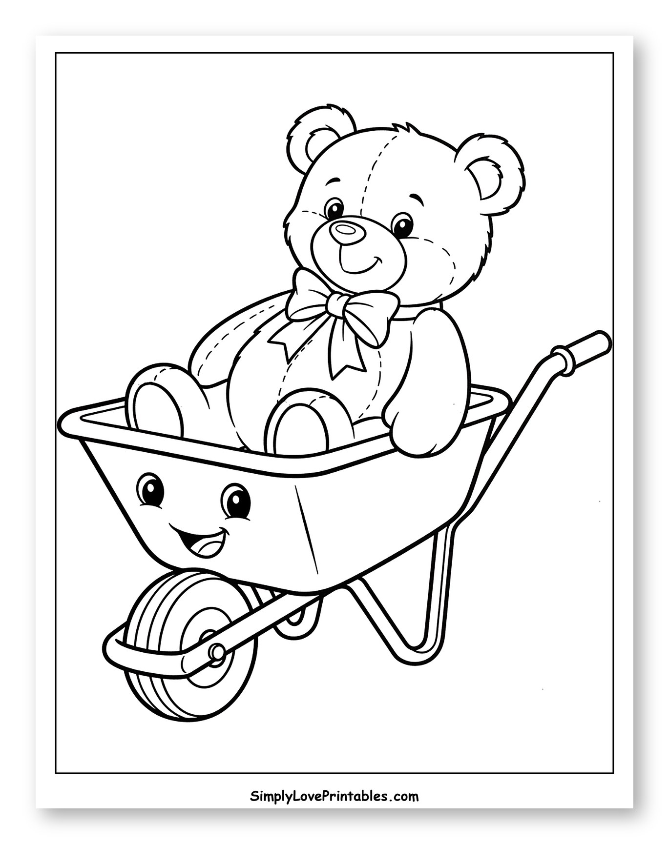 Happy Teddy Bear in a Cute Wheelbarrow Coloring Page for Toddlers