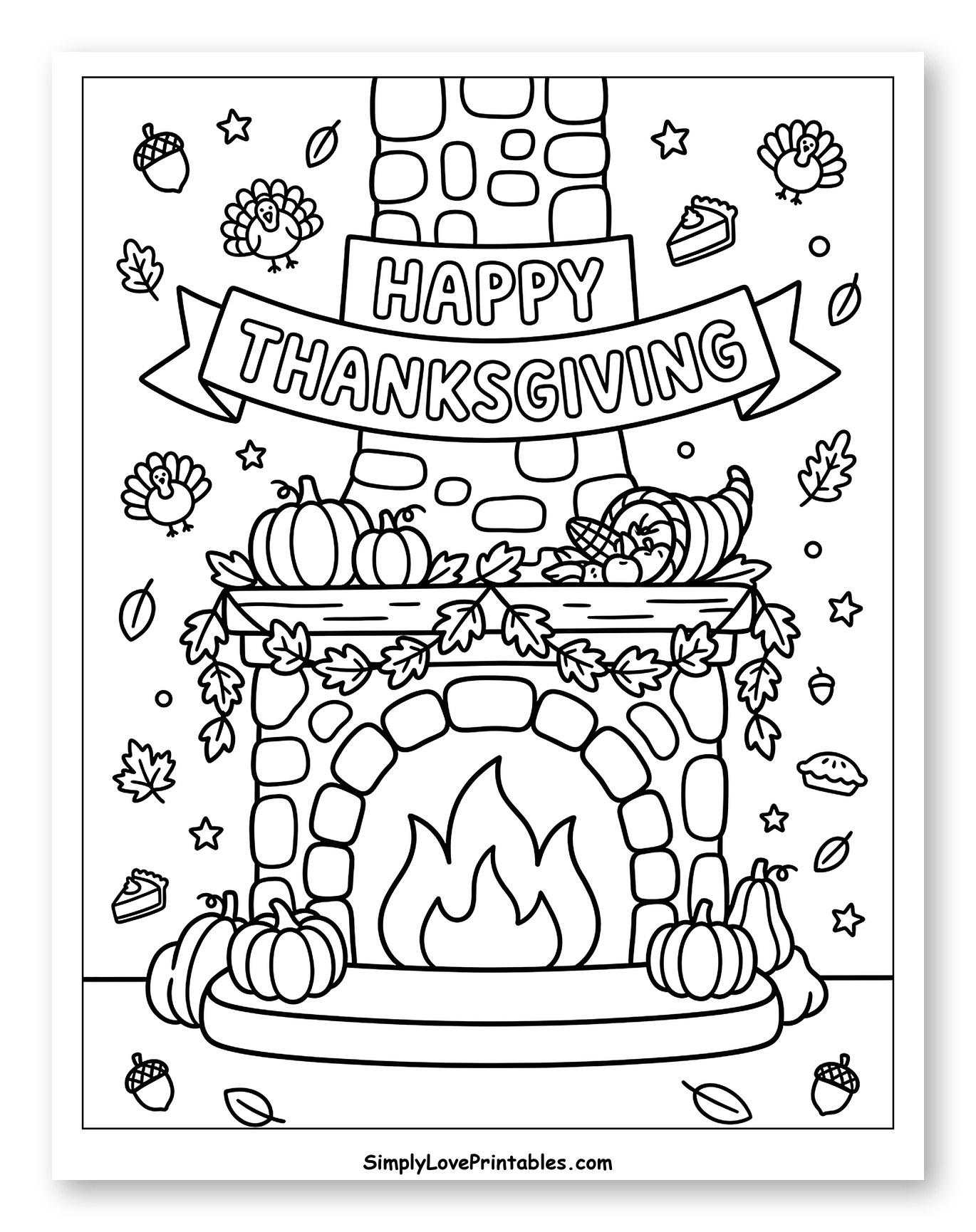 Happy Thanksgiving Fireplace with Pumpkins and Banner Coloring Sheet for Adults
