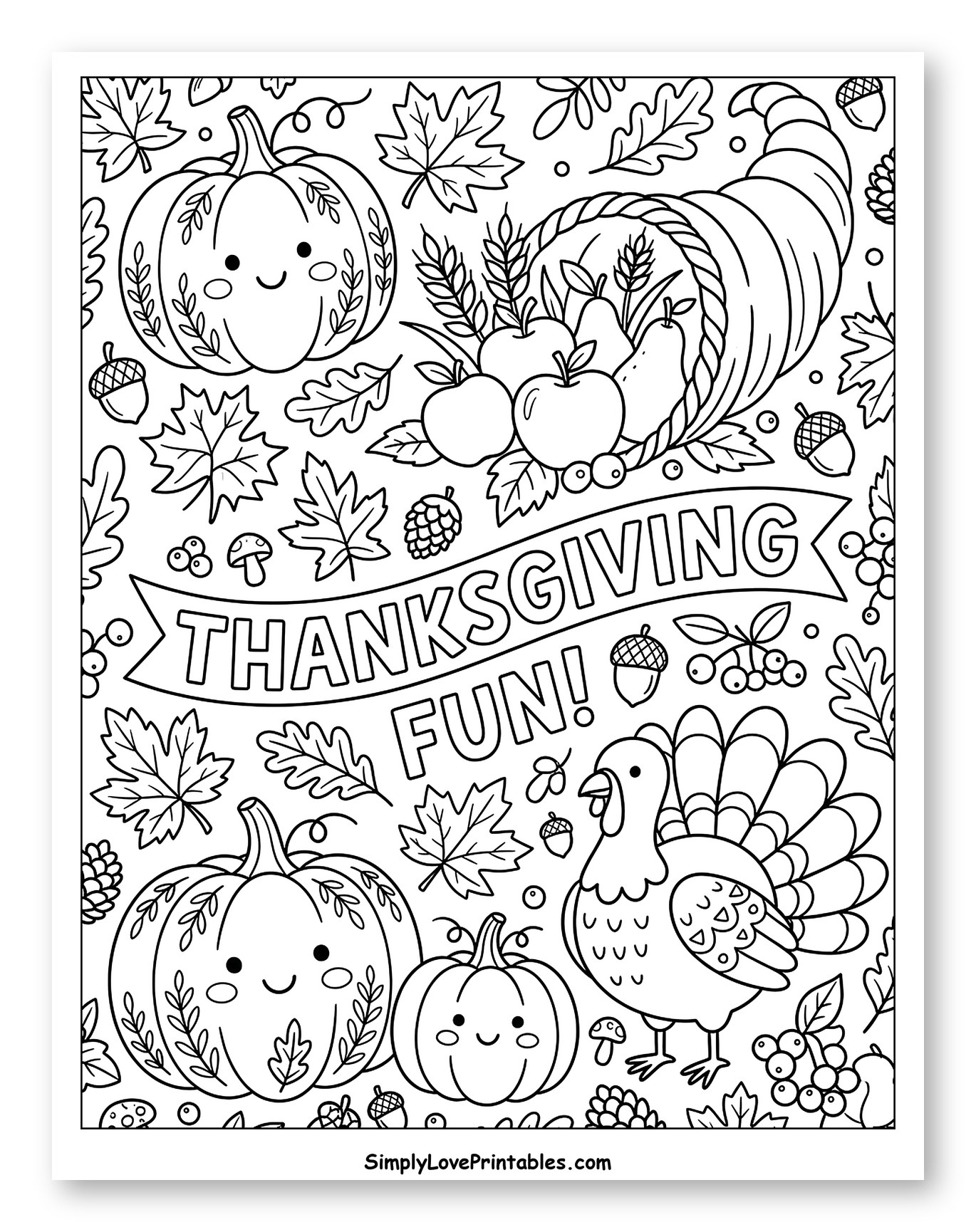 Happy Thanksgiving Fun with Pumpkins and Cornucopia Coloring Sheet for Adults