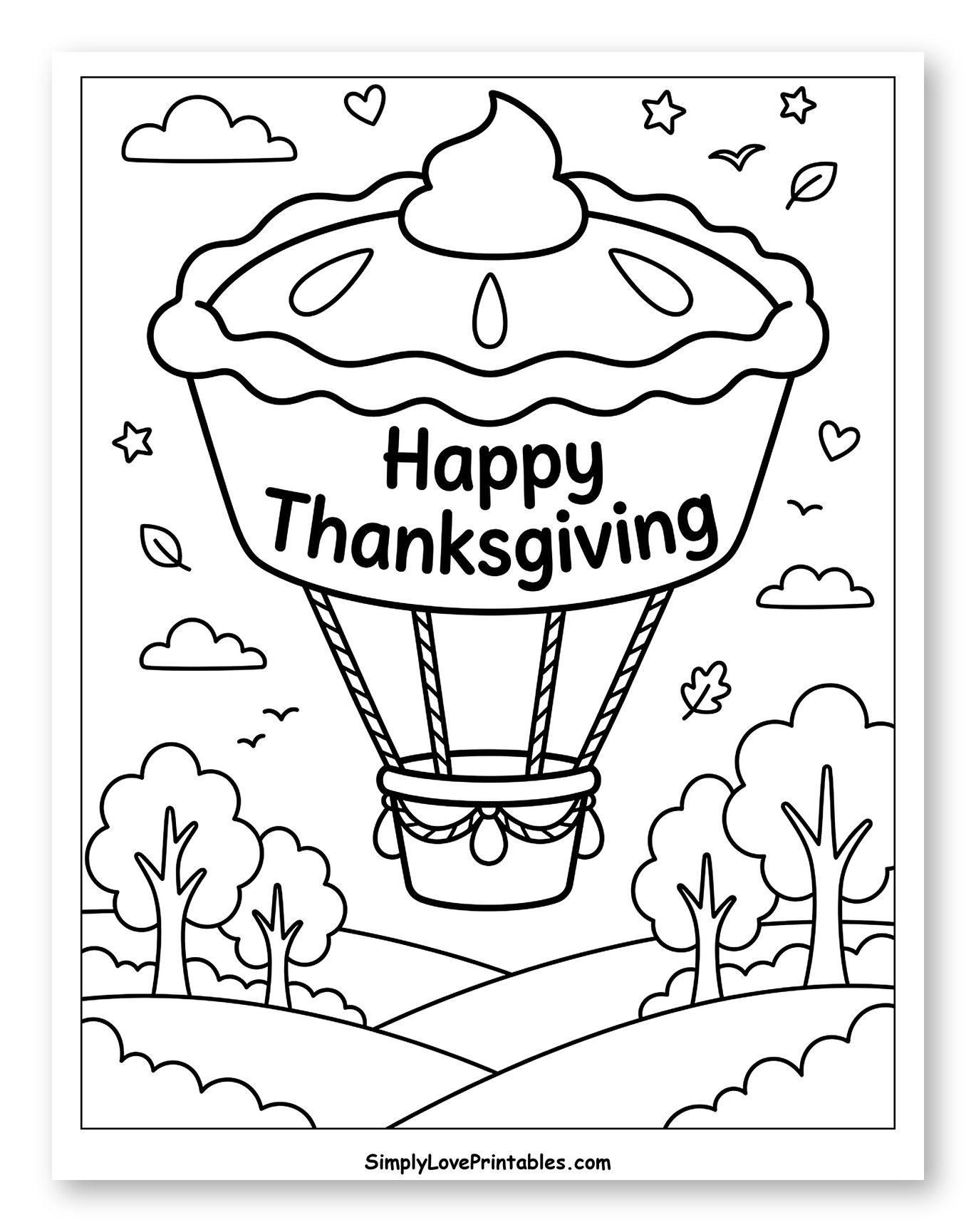 Happy Thanksgiving Pie Balloon Over Autumn Hills Coloring Sheet for Adults