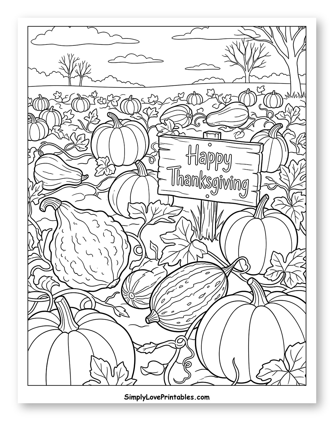 Happy Thanksgiving Pumpkin Patch with Gourds to Color