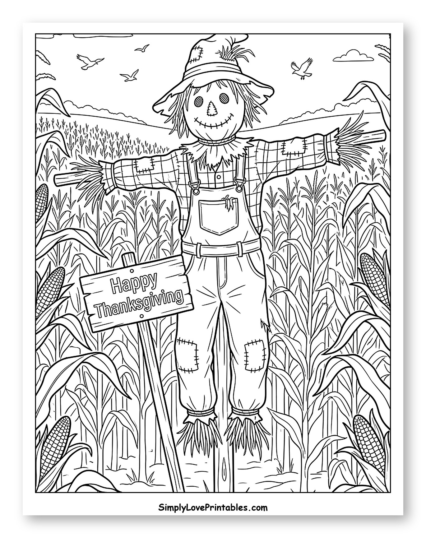 Happy Thanksgiving Scarecrow in a Cornfield Coloring Sheet