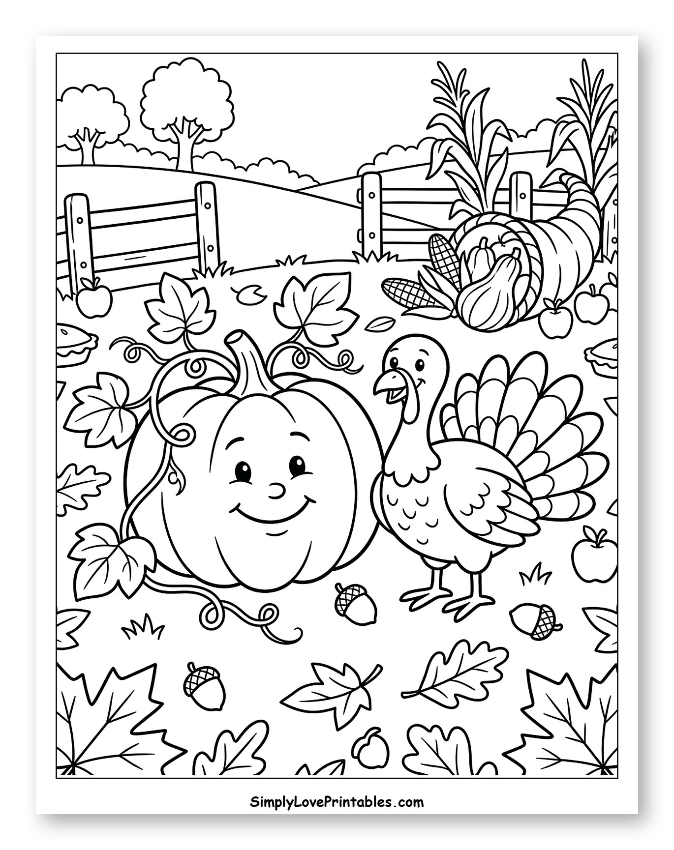 Happy Thanksgiving Scene with Friendly Pumpkin and Turkey to Color for Kids