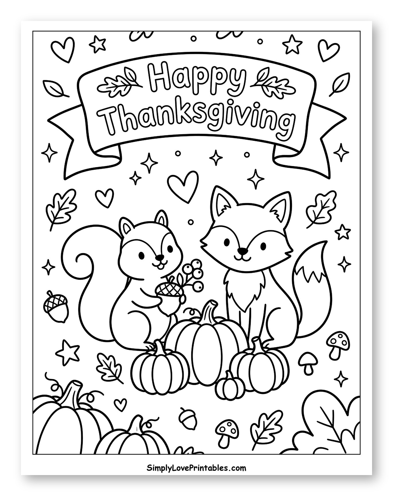 Happy Thanksgiving Squirrel and Fox with Pumpkins Coloring Sheet for Adults