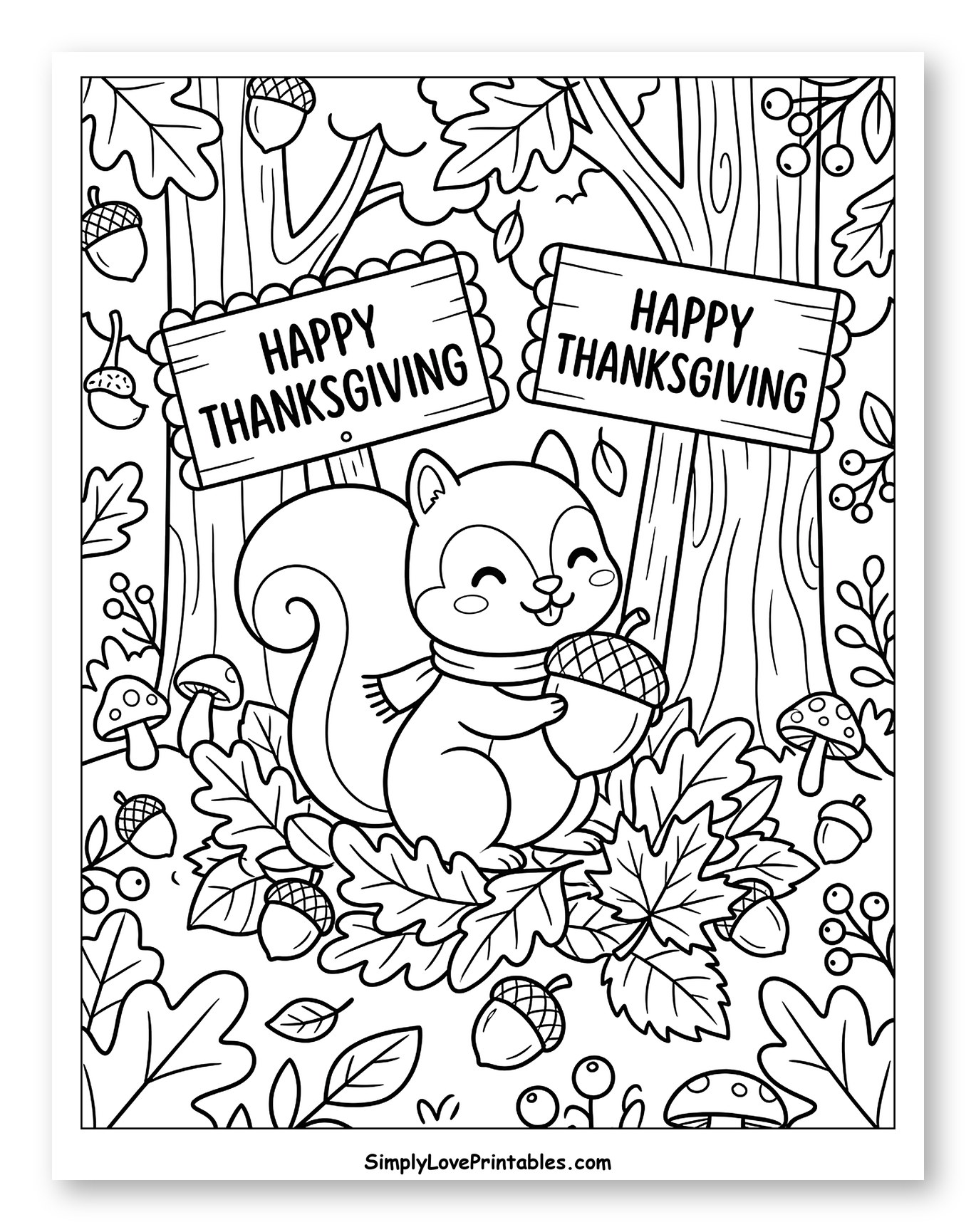 Happy Thanksgiving Squirrel in Autumn Forest to Color for Kids