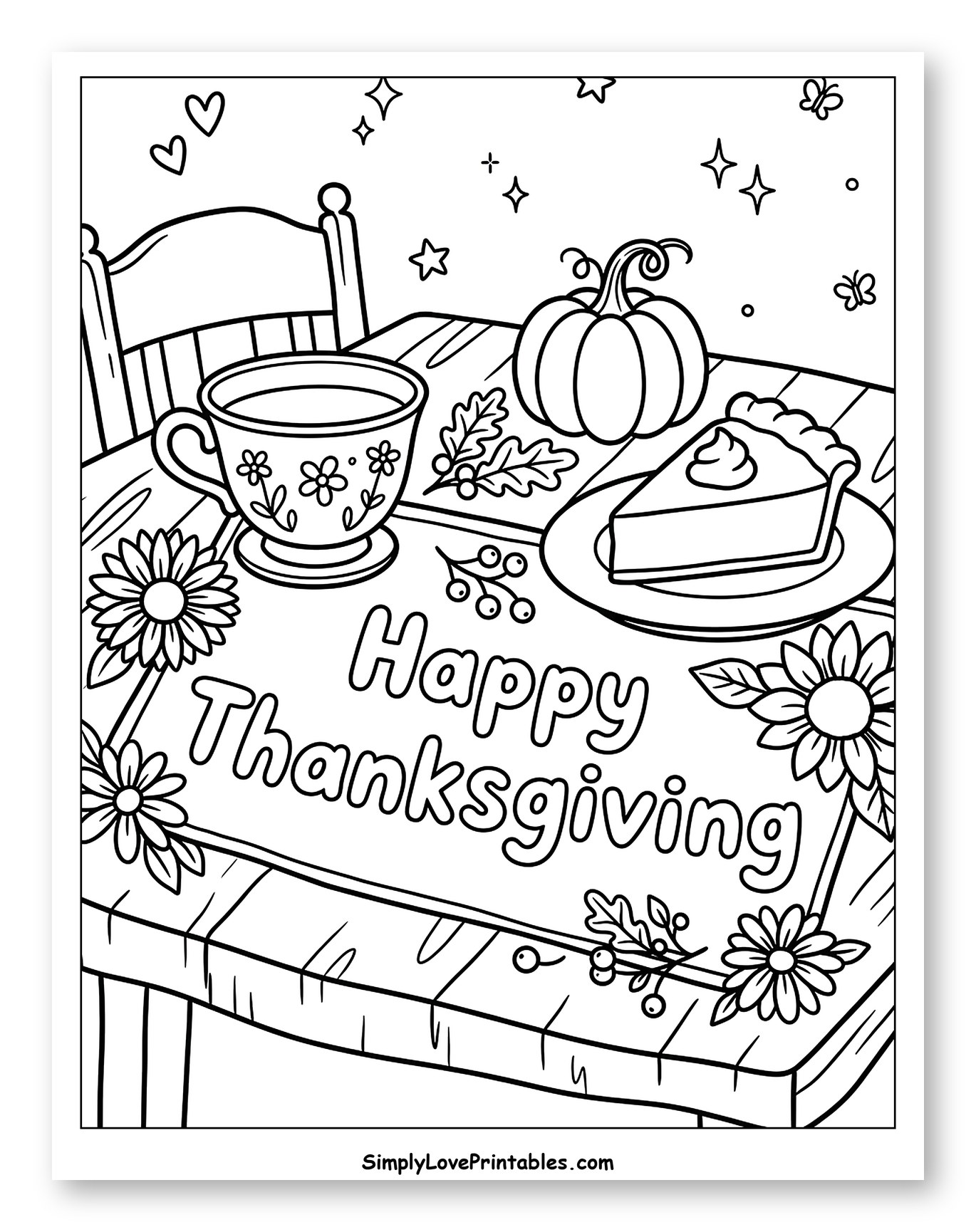 Happy Thanksgiving Table with Pie and Pumpkin