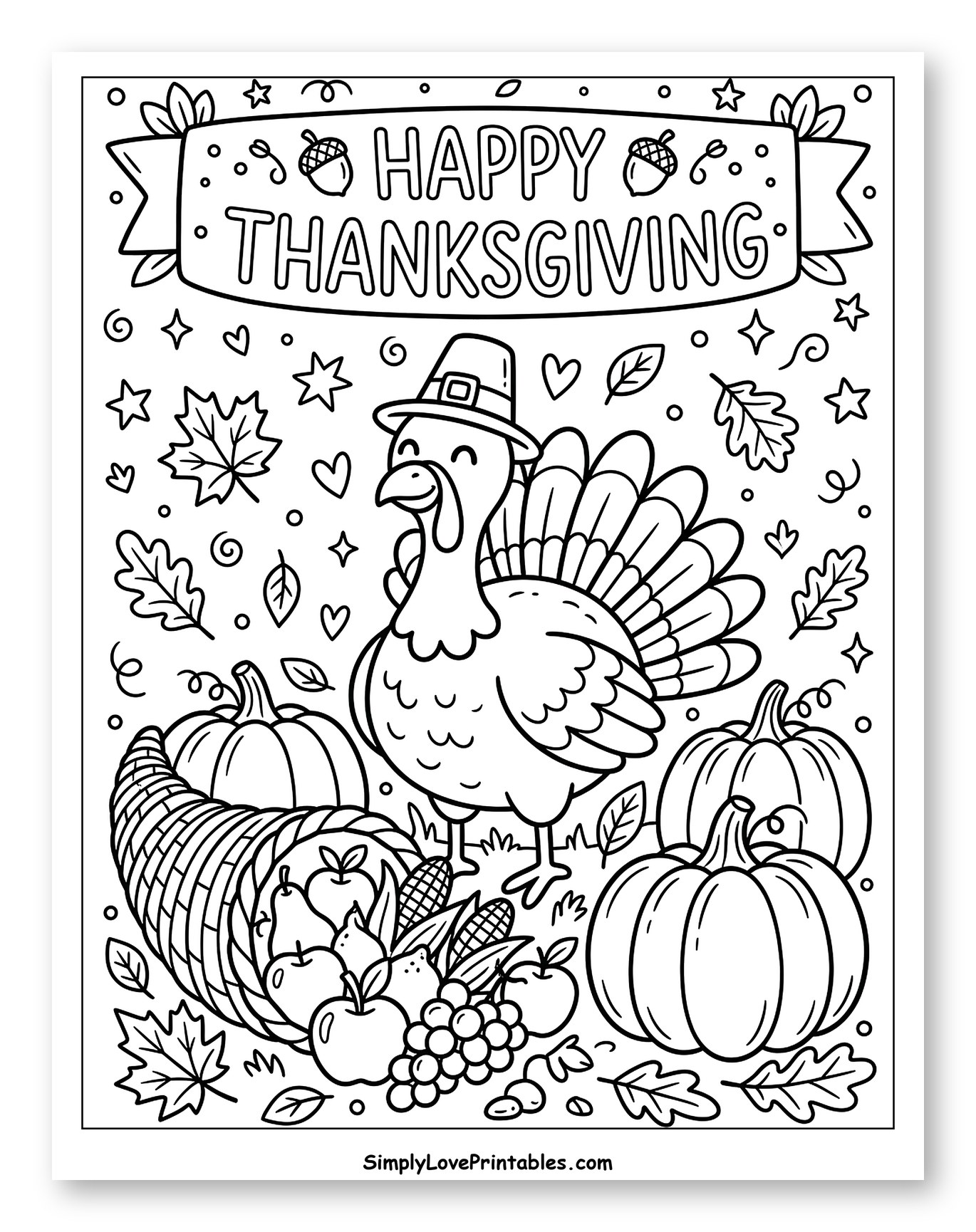 Happy Thanksgiving Turkey with Cornucopia and Pumpkins to Color for Adults