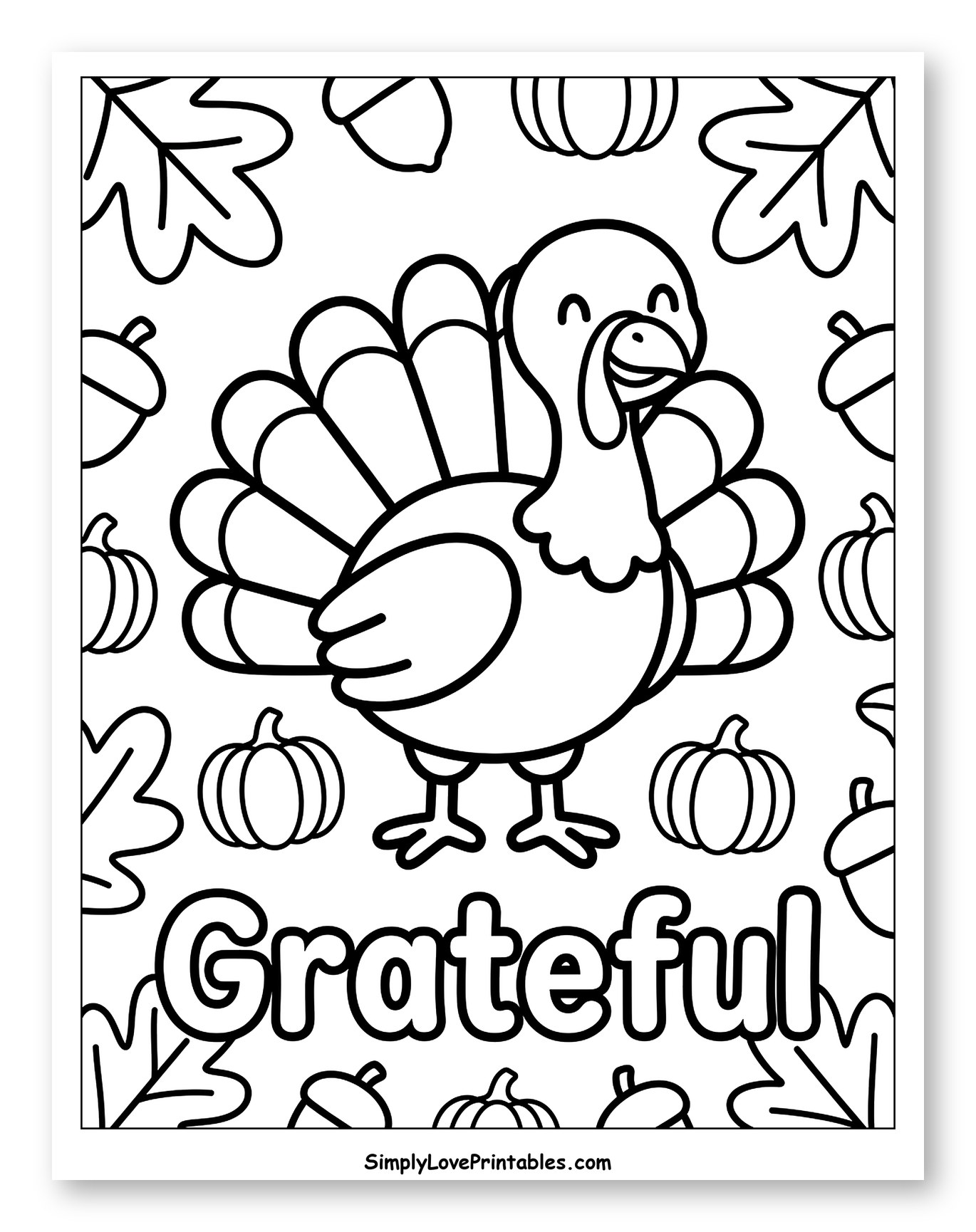 Happy Thanksgiving Turkey with Grateful Text Coloring Sheet for Toddlers