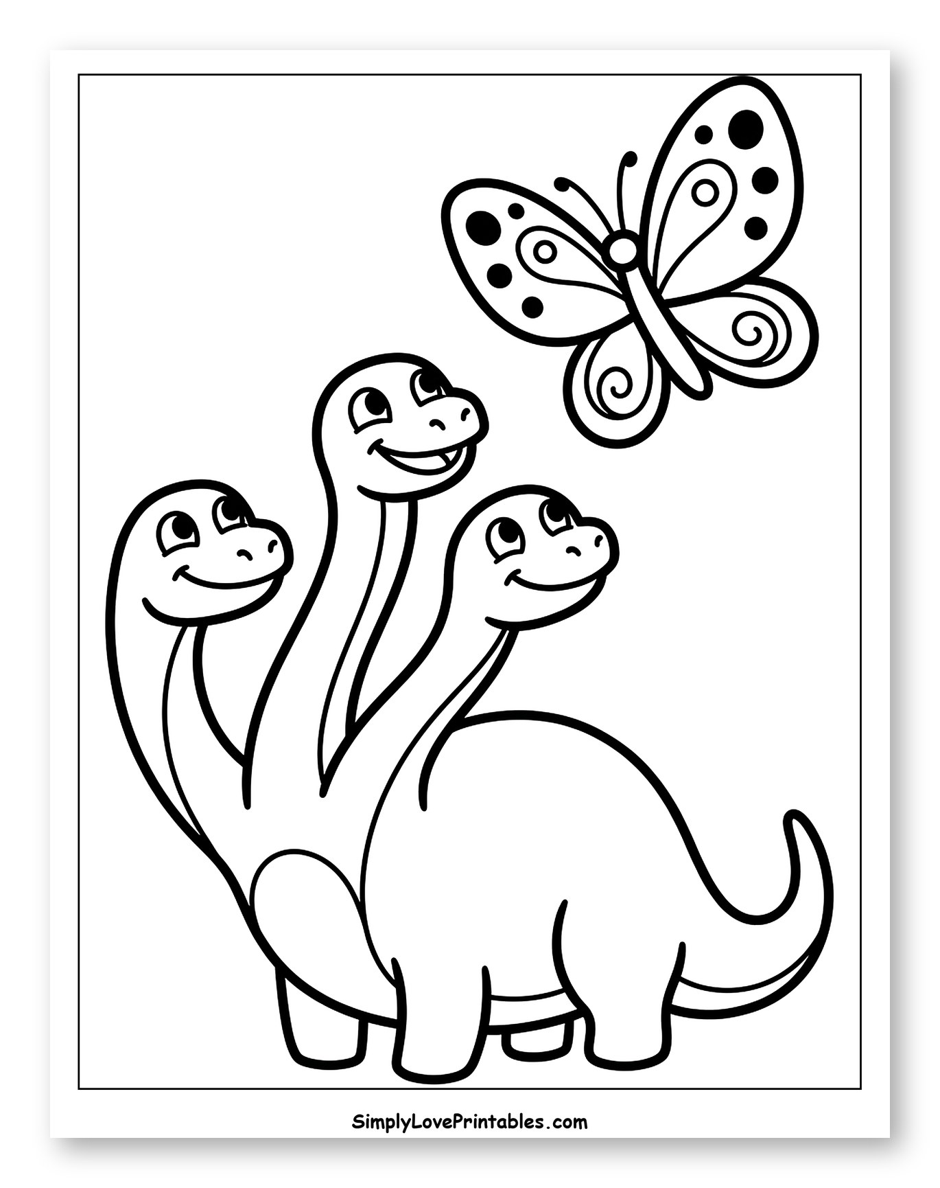 Happy Three-Headed Dinosaur Looking at Butterfly