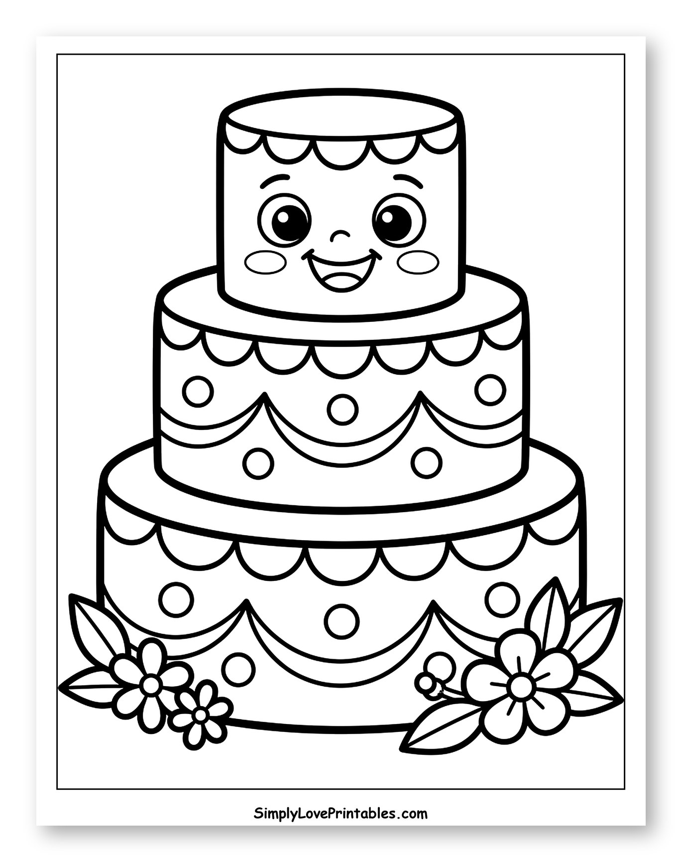 Happy Three-Tiered Cake with Flowers Coloring Sheet for Toddlers