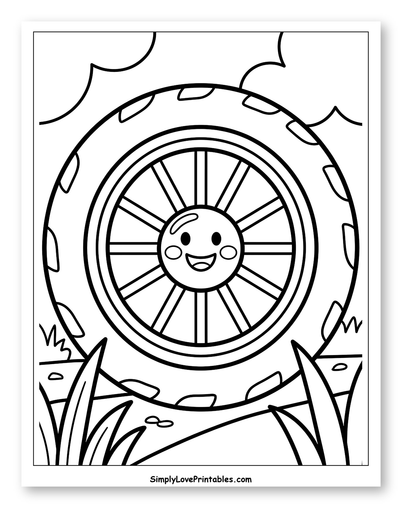 Happy Tire Rolling Through Grassy Field to Color for Toddlers